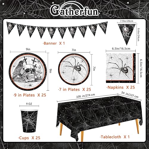 Miniatura 2 de Suministros de fiesta de Halloween con telas de araña: con temas de calavera y araña, platos de papel de tela malvada todo incluido, servilletas,