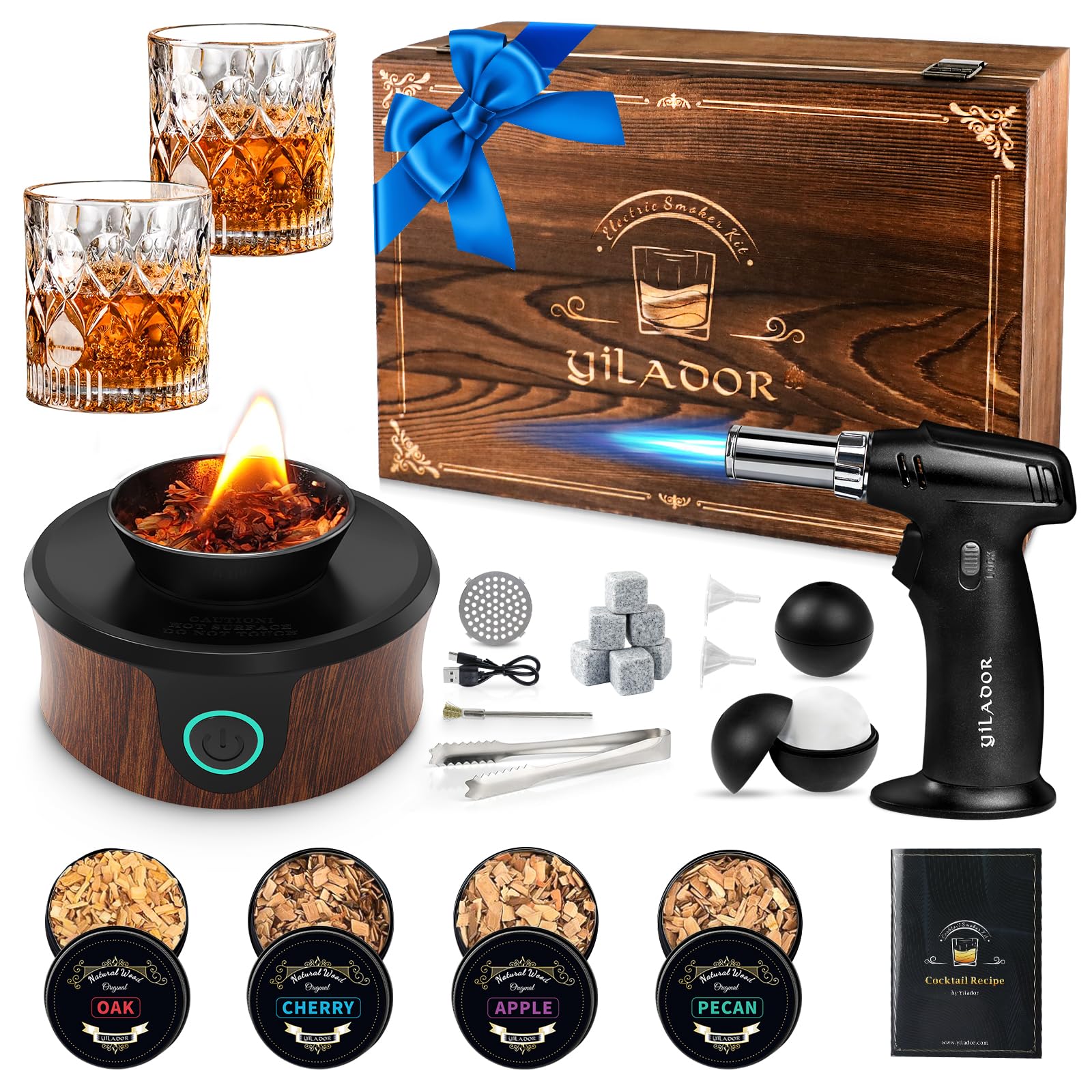 Electric Whiskey Smoker Kit with Torch, Premium Wooden Box, 4 Wood Chips, Ice Molds, Recipes, Cocktail Smoker Kit for Bourbon & Old Fashioned, Ideal Gift for Dad, Husband and Men (No Butane)