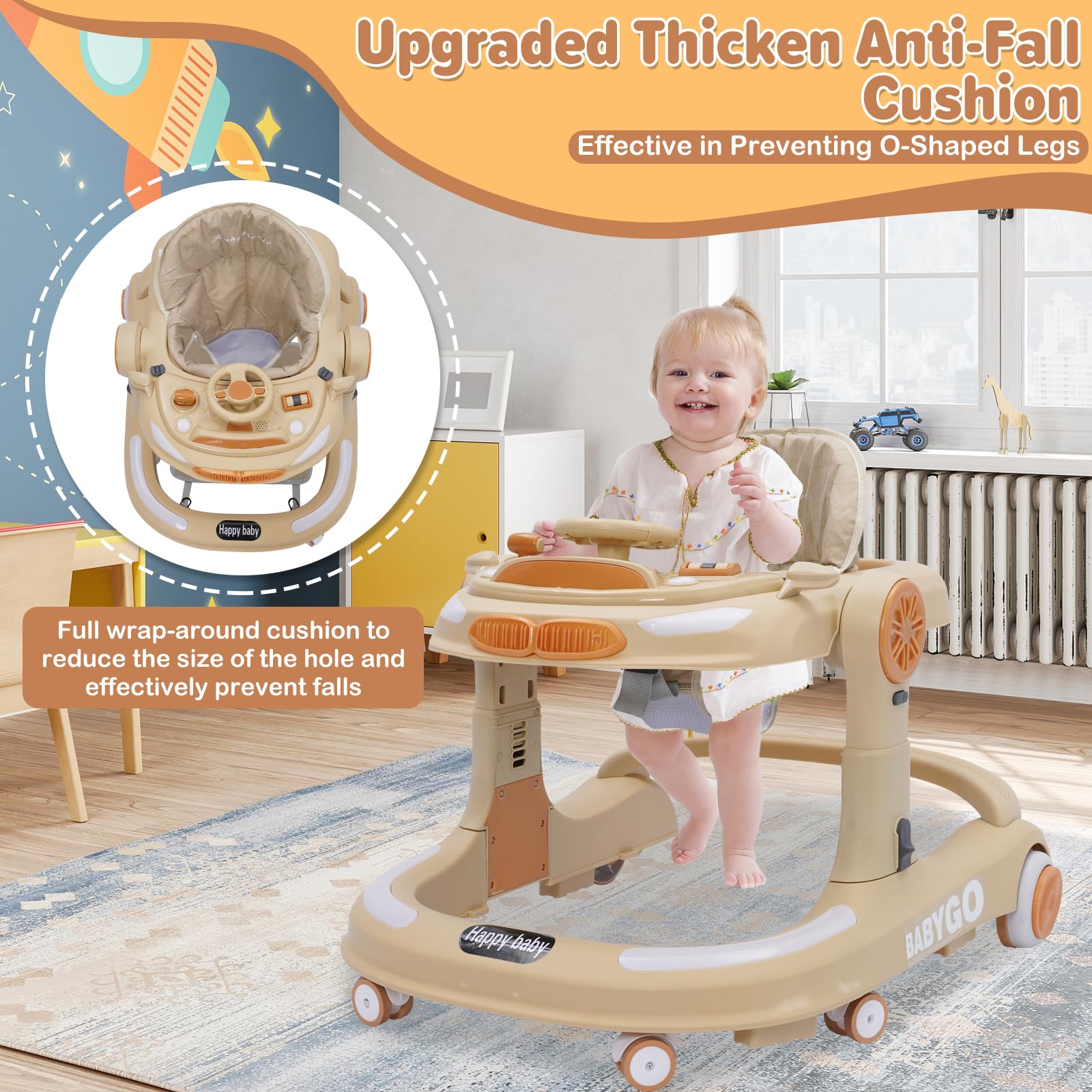 Girello Bambini 4 in 1, Girello Pieghevole con Altezza Regolabili, Baby Walker con Vassoio Musicale, Tappetino e Freno, Design Anti-Ccollisione, Primi Passi per Bambini 6-18 Mesi