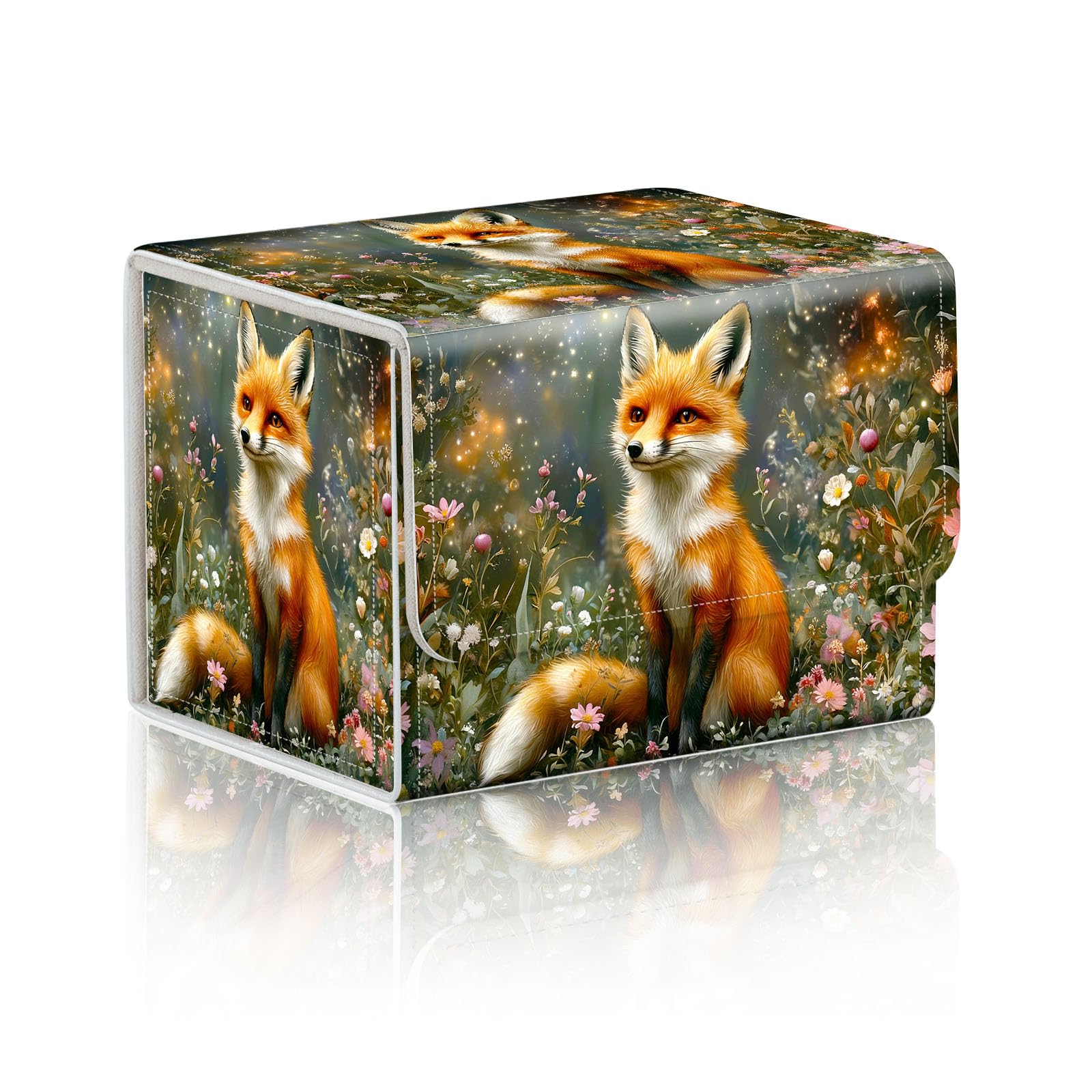 DISUOFEART Trading Card Storage Box, Holds 100+ for MTG Cards, PU Leather with Magnetic Closure, Fox in Flower Meadow Durable Deck Box for Magic the Gathering, Trading Card Games
