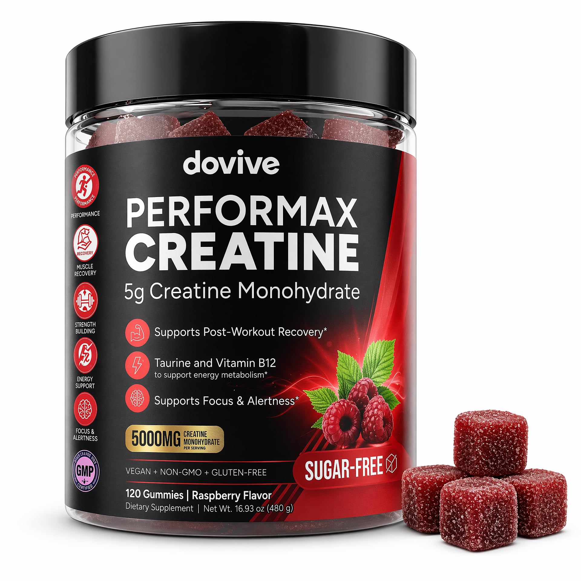 DOVIVE Creatina em gomas com monohidrato de creatina 5.000 mg, taurina e vitamina B12, 120 gomas