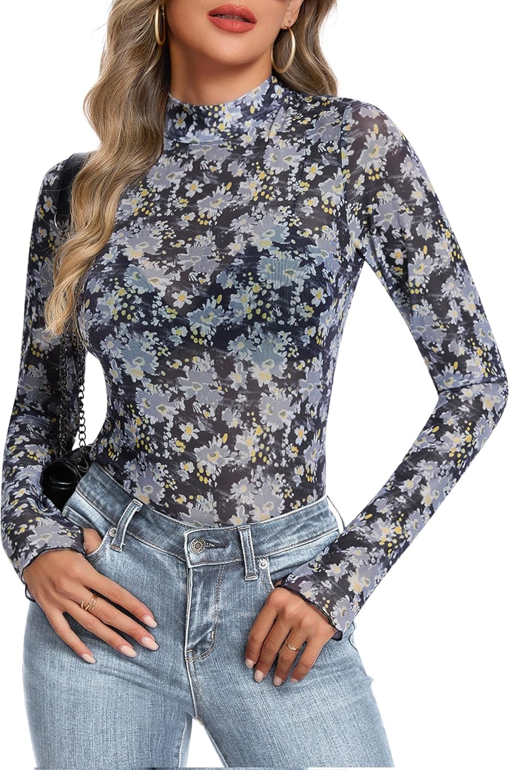Womens Floral Mesh Long Sleeve Tops Mock Neck Sheer Lace Undershirt with Thumb Hole 2025 Trendy Shirts - Image 2