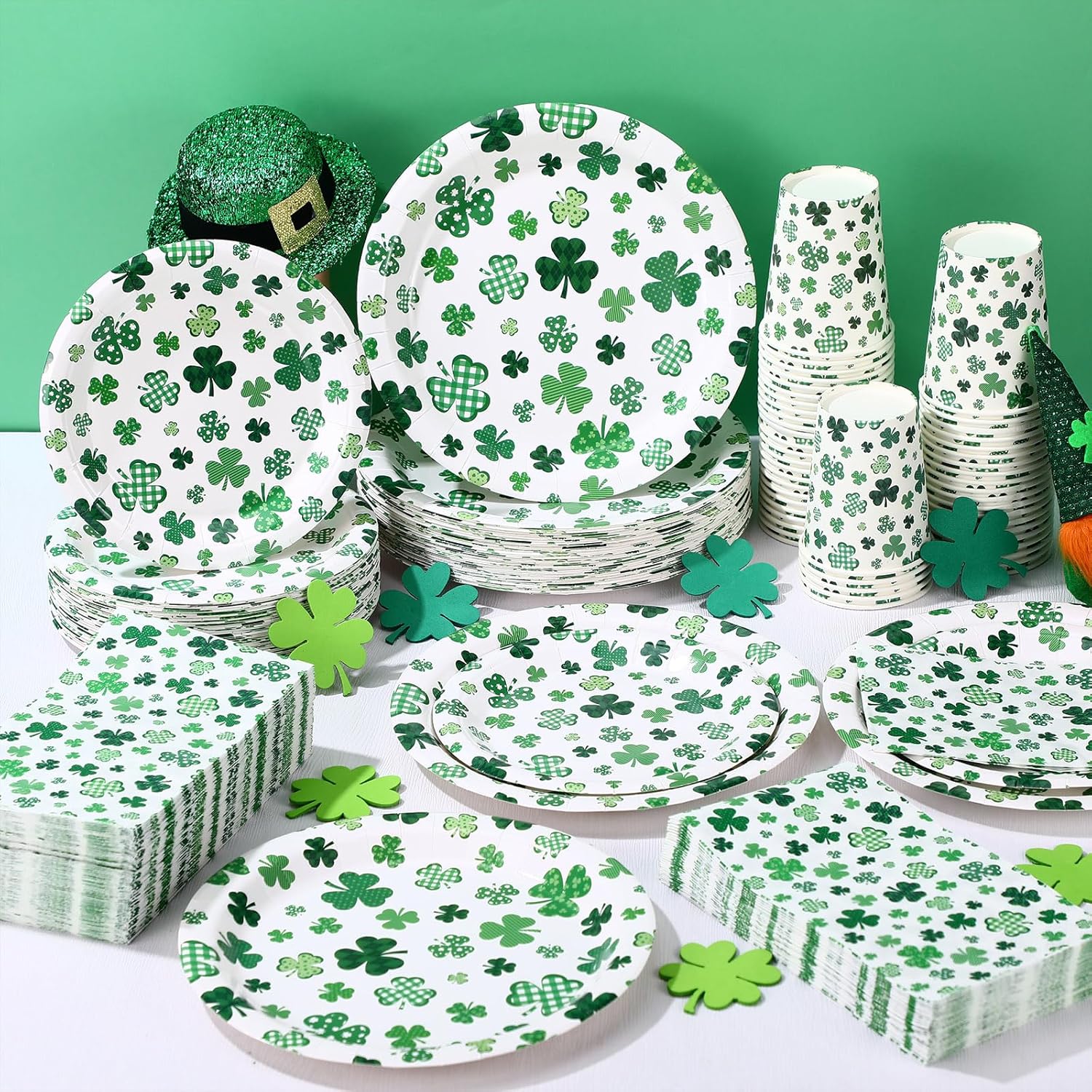 Pickmesh 250 Pcs St. Patrick's Day Party Supplies Kit for 50 – Shamrock Disposable Paper Plates, Napkins and Cups for St. Paddy's Day Party, Irish Celebration, Birthday Decorations