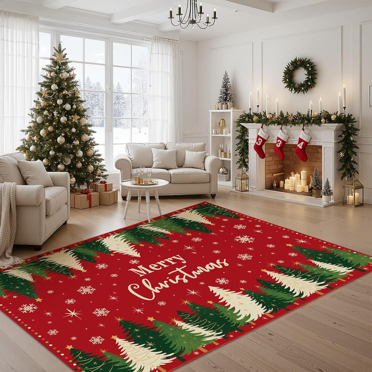 Christmas Area Rug 5' x 7' Washable Rugs for Bedroom Kitchen Office for Living Room Decorative Indoor Rug Holiday Decor Xmas Non Slip Carpet