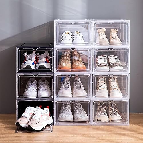 Miniatura 4 de Attelite Cajas de zapatos de plástico transparente XL, organizador de zapatos apilable con puerta magnética, caja de exhibición frontal (9 unidades,