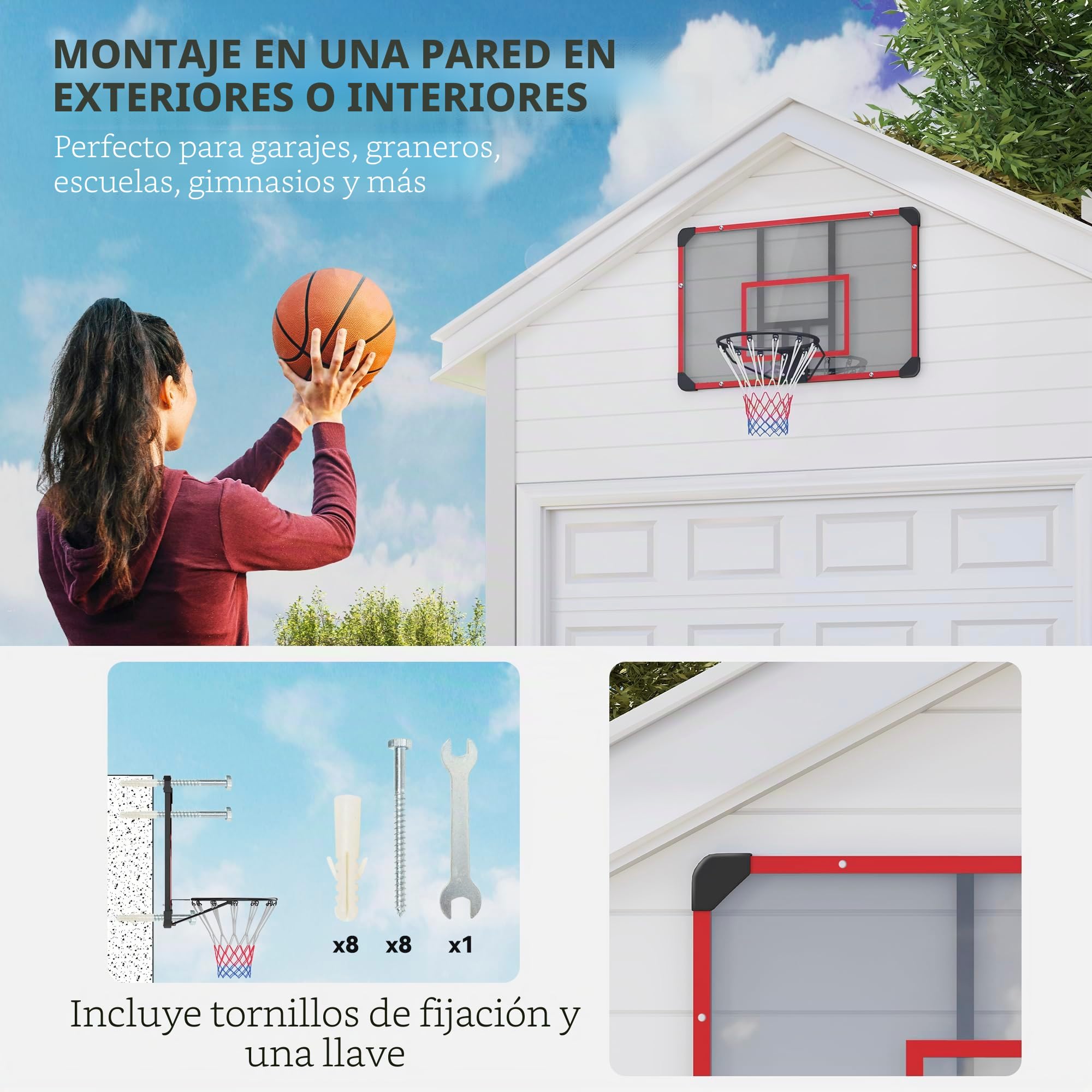SPORTNOW Canasta de Baloncesto para Exterior e Interior, Canasta de Baloncesto con Canasta de Acero y Red, Montaje en Pared, minicanasta de Baloncesto para niños y Adultos, 113 x 61 x 73 cm