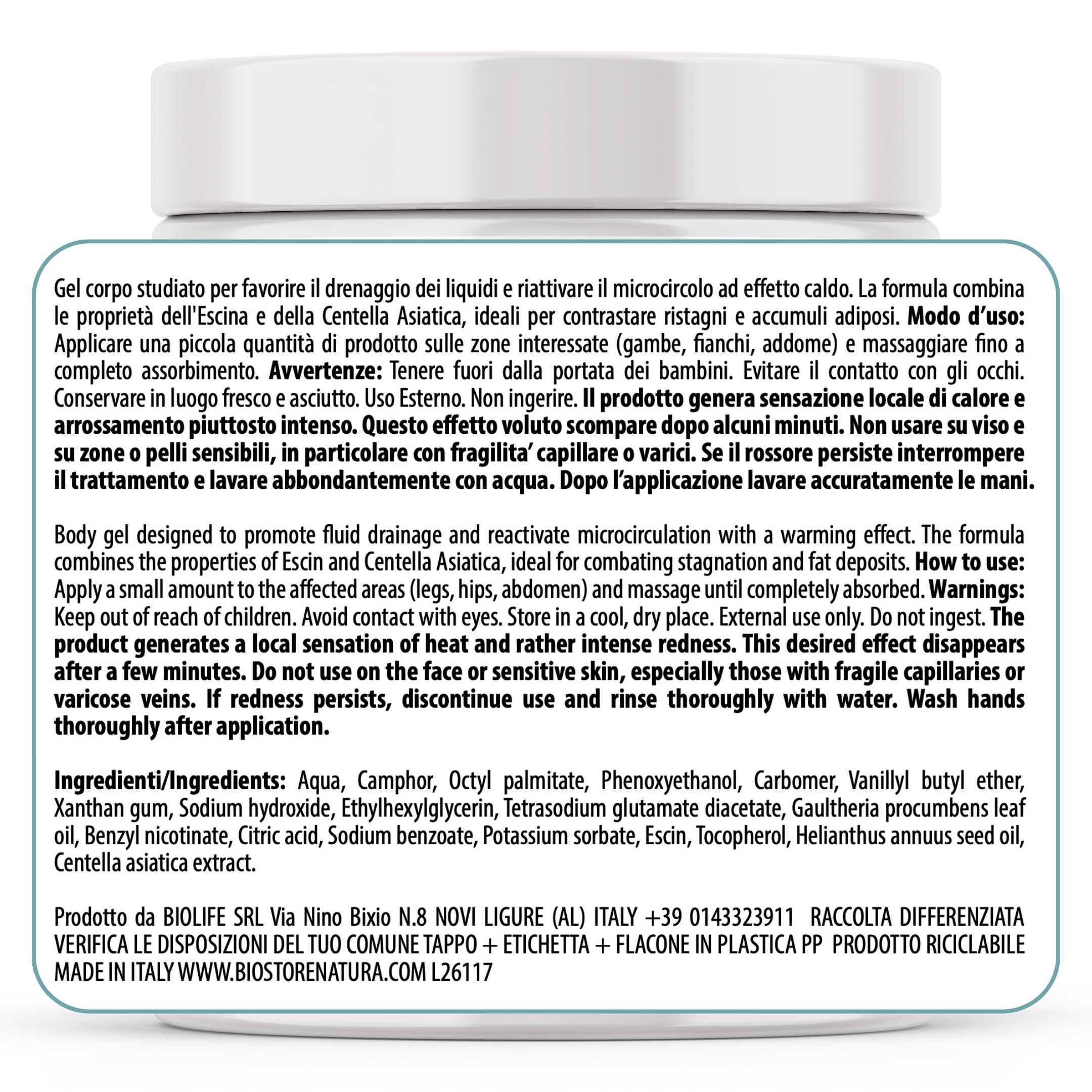 Crema Anticellulite Forte 550ml Crema Drenante Gambe, Fianchi, Addome Effetto Caldo, con Escina e Centella Asiatica Made in Italy