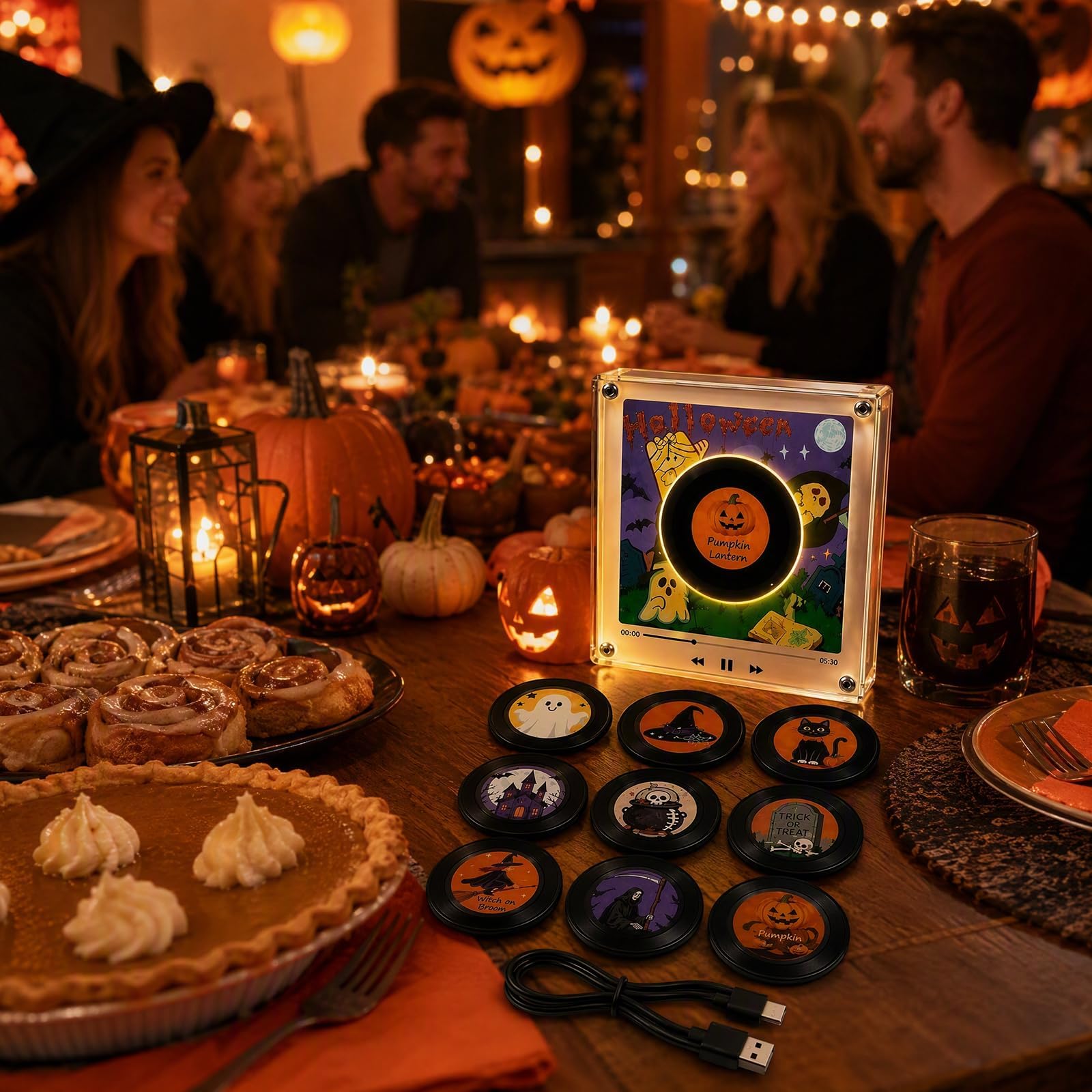 Weihnachts-Retro-Kühlschrankmagnet aus Vinyl Set, Mini NFC Musik Player mit 9 NFC-Discs und dynamischer LED-Beleuchtung, Weihnachtlicher Kühlschrankmagnet mit Beleuchtung, Kreative Musik Dekoration(F)