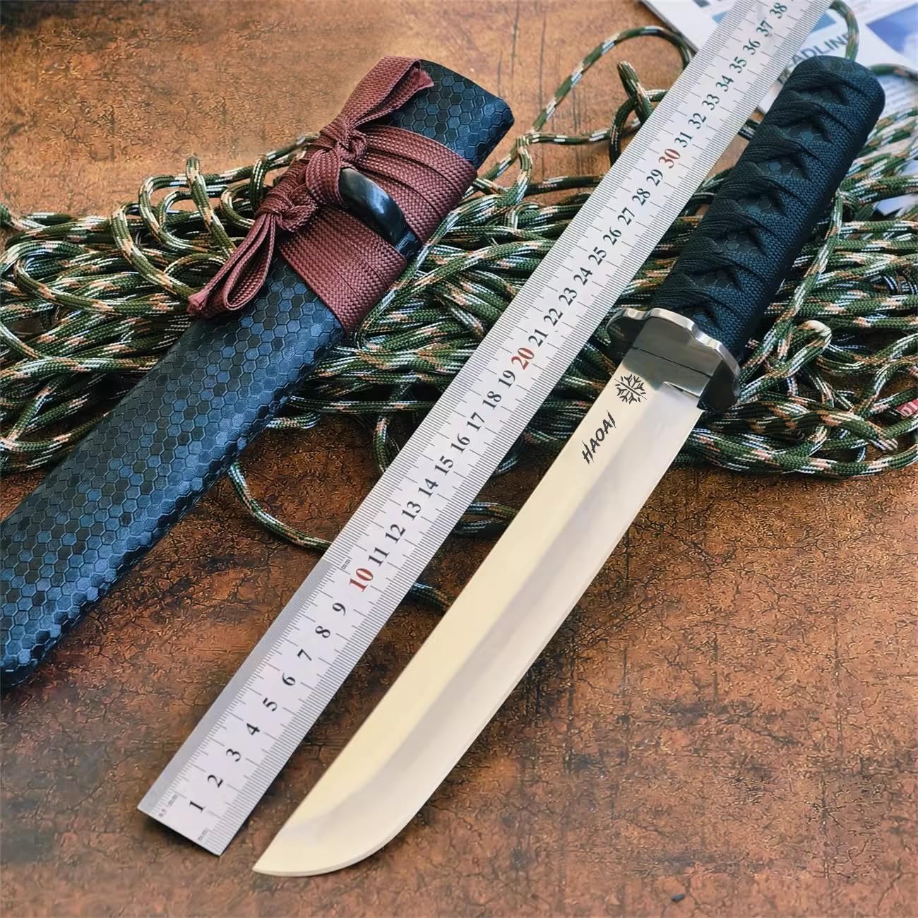 Coltello da bushcraft Coltello da esterno giapponese tanto con tradizionale avvolto con cotone Il fodero laccato nero (saya) e la ghisa tsuba per la caccia e la sopravvivenza del campeggio VG-10
