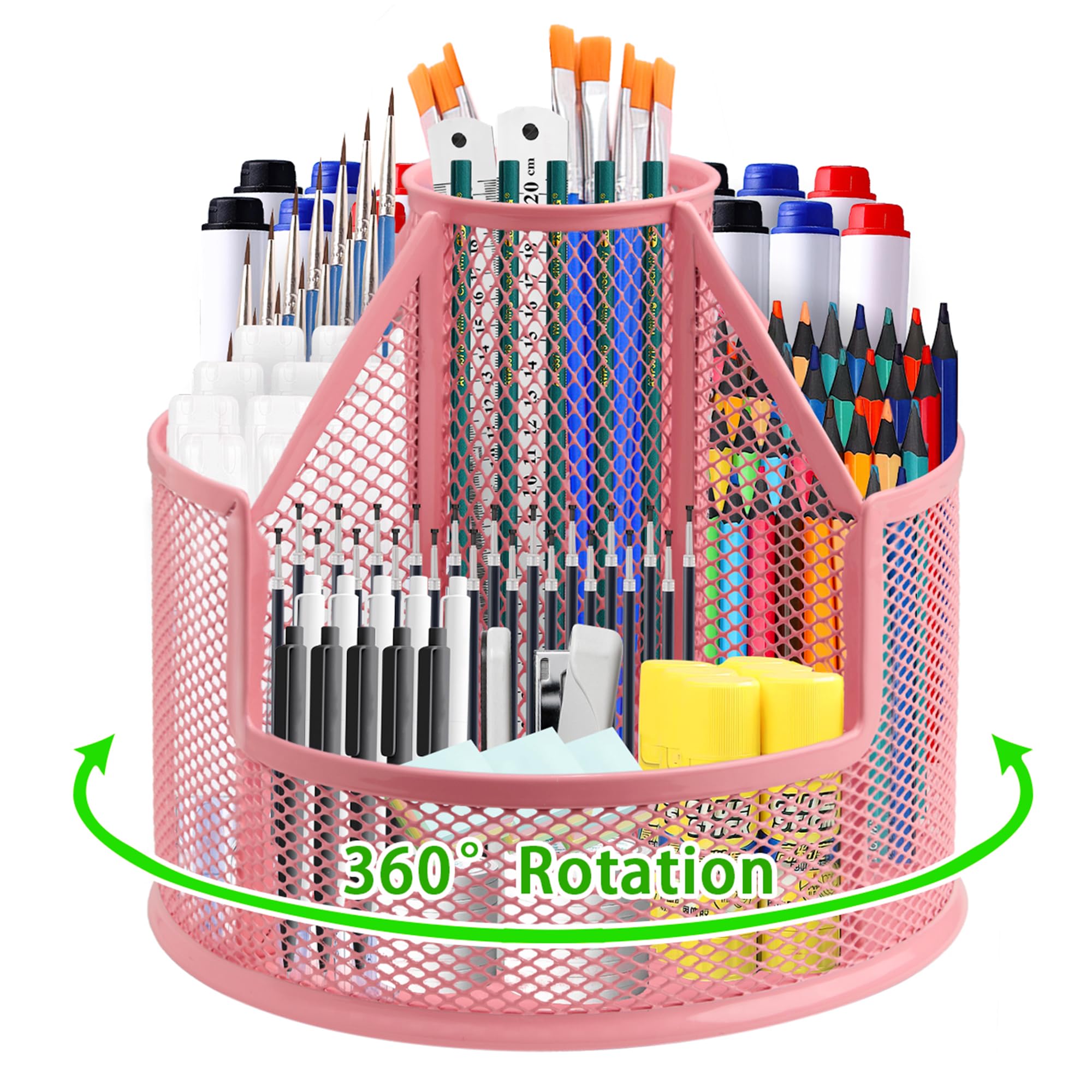 RURYEURT Sturdy Rotating Pen Holder, Cute Metal Pencil Holder, Large Mesh Pen Organizer for Desk, Premium Friendly Office Desk Accessories & Workspace