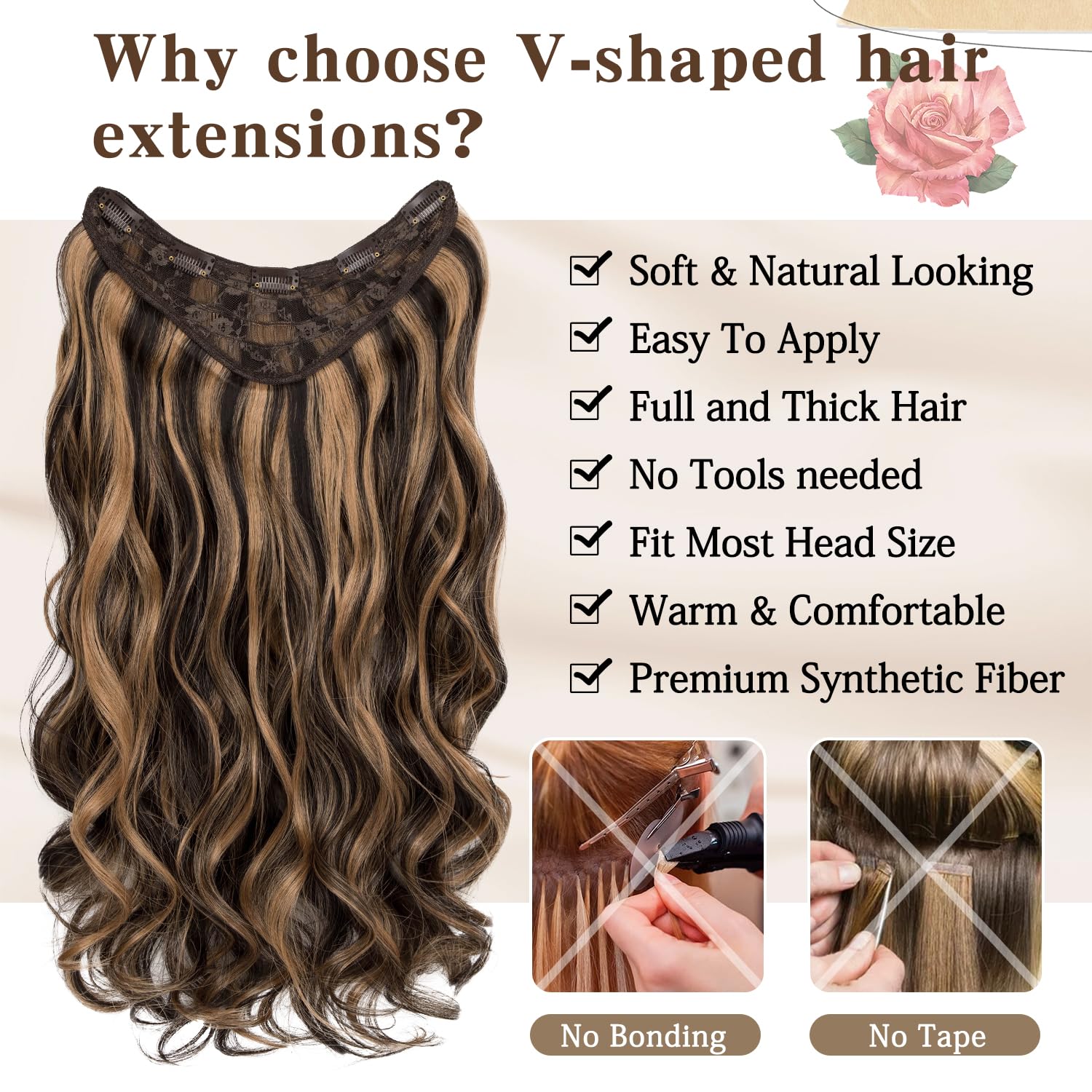 Clip in Hair Extensions for Women - Long Wavy Synthetic Hairpieces, Soft Full Head Extensions for Everyday & Party, Heat Resistant Volumizing Hair Wefts-Black Brown with Caramel Highlights