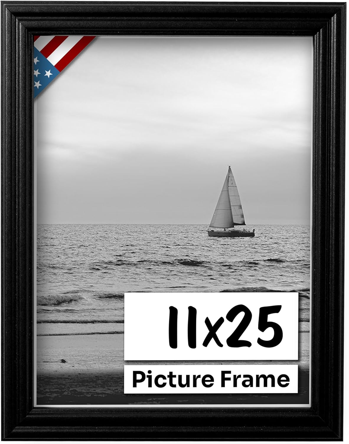 Black 11x25 Picture Frame .75" Inch Wide - Black Wall Decor Handmade Solid Wood Frames with Preinstalled Hangers and UV Blocking Plexiglass 25x11 Frame