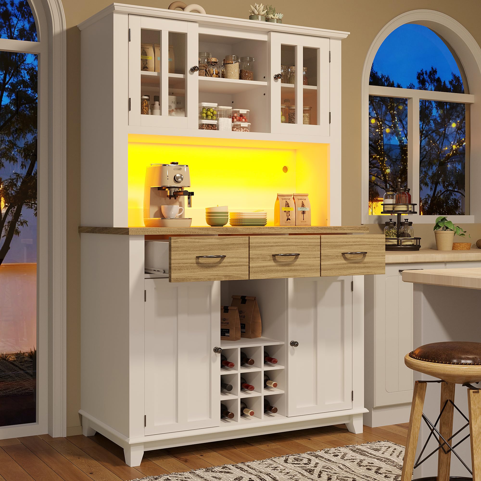 Lexiou Mobile Dispensa Cucina,Credenza Cucina Alta Mobile Dispensa Buffet,Credenza Cucina con Illuminazione a LED,Ripiani Regolabili, Grande Spazio, Cucina, Sala da Pranzo,106 x 40 x 179.5cm (Bianco)