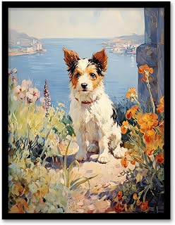 Artery8 Jack Russell Terrier Floral Dog Portrait Oil Painting Artwork Framed Wall Art Print A4