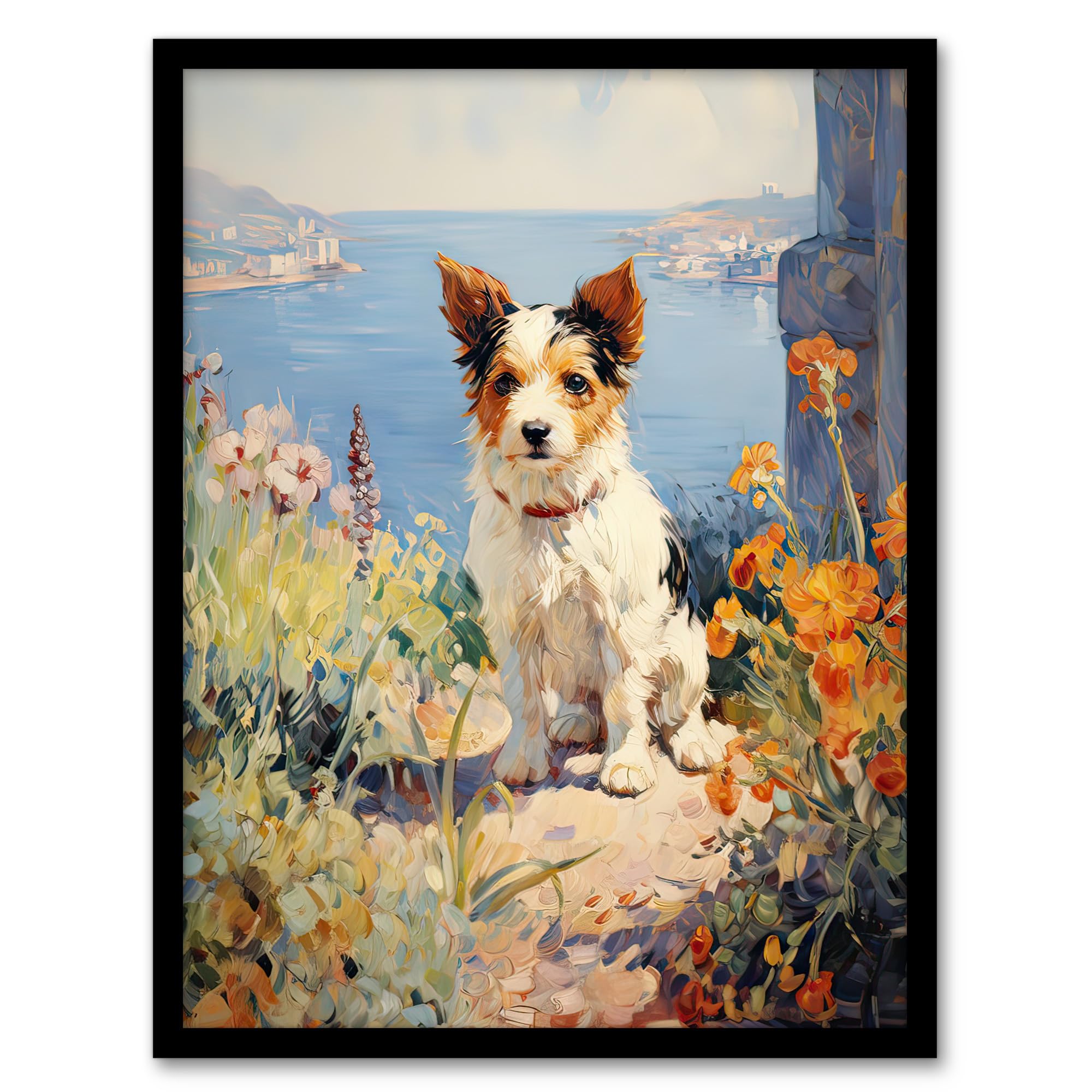 Artery8 Jack Russell Terrier Floral Dog Portrait Oil Painting Artwork Framed Wall Art Print A4