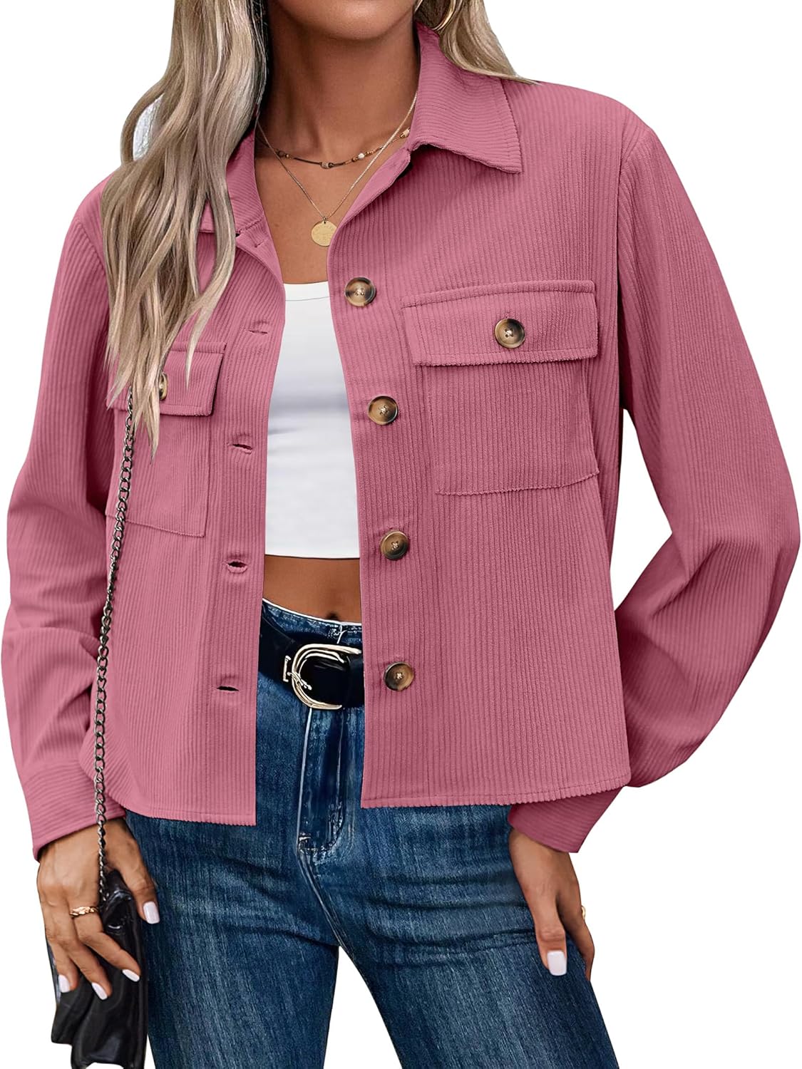 Zeagoo Womens Fashion Cropped Shackets Corduroy Button Down Crop Jackets Tops Long Sleeve Shirts Trendy 2025
