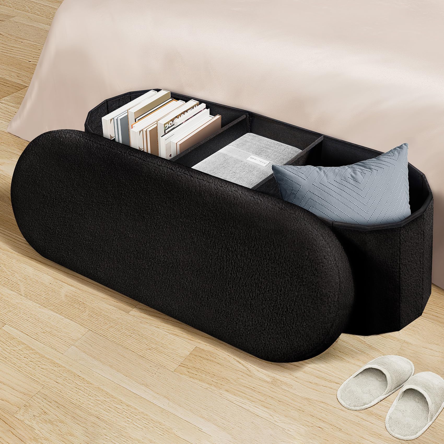 PINPLUS Pouf De Rangement Rond Avec Plateau De Couvercle, Repose-pieds, Coffre U00e0 Jouets Pour Chambre U00e0 Coucher Et Salon, Rose (38,9 X 38,9 X 48 Cm