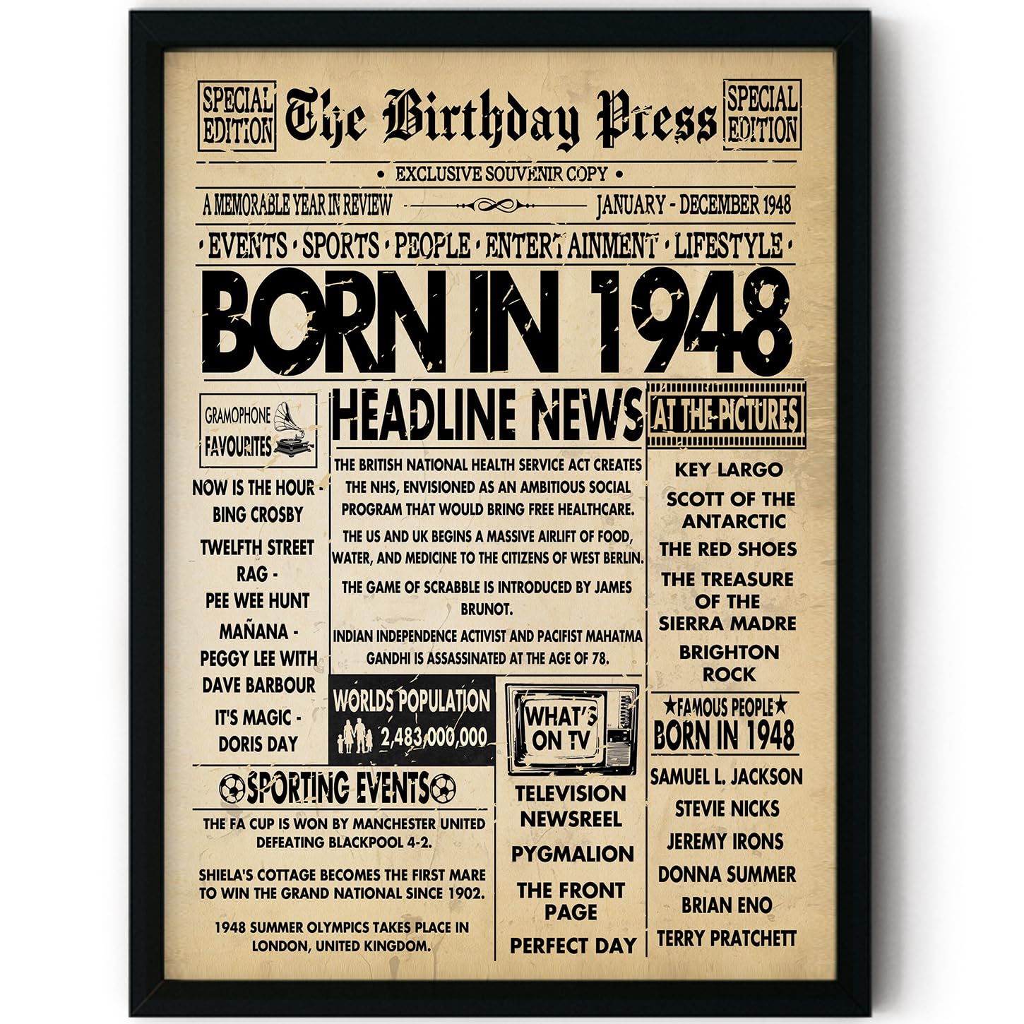 Stuff4 Women's 1948 78Th Birthday Poster Framed, Born In Vintage Newspaper