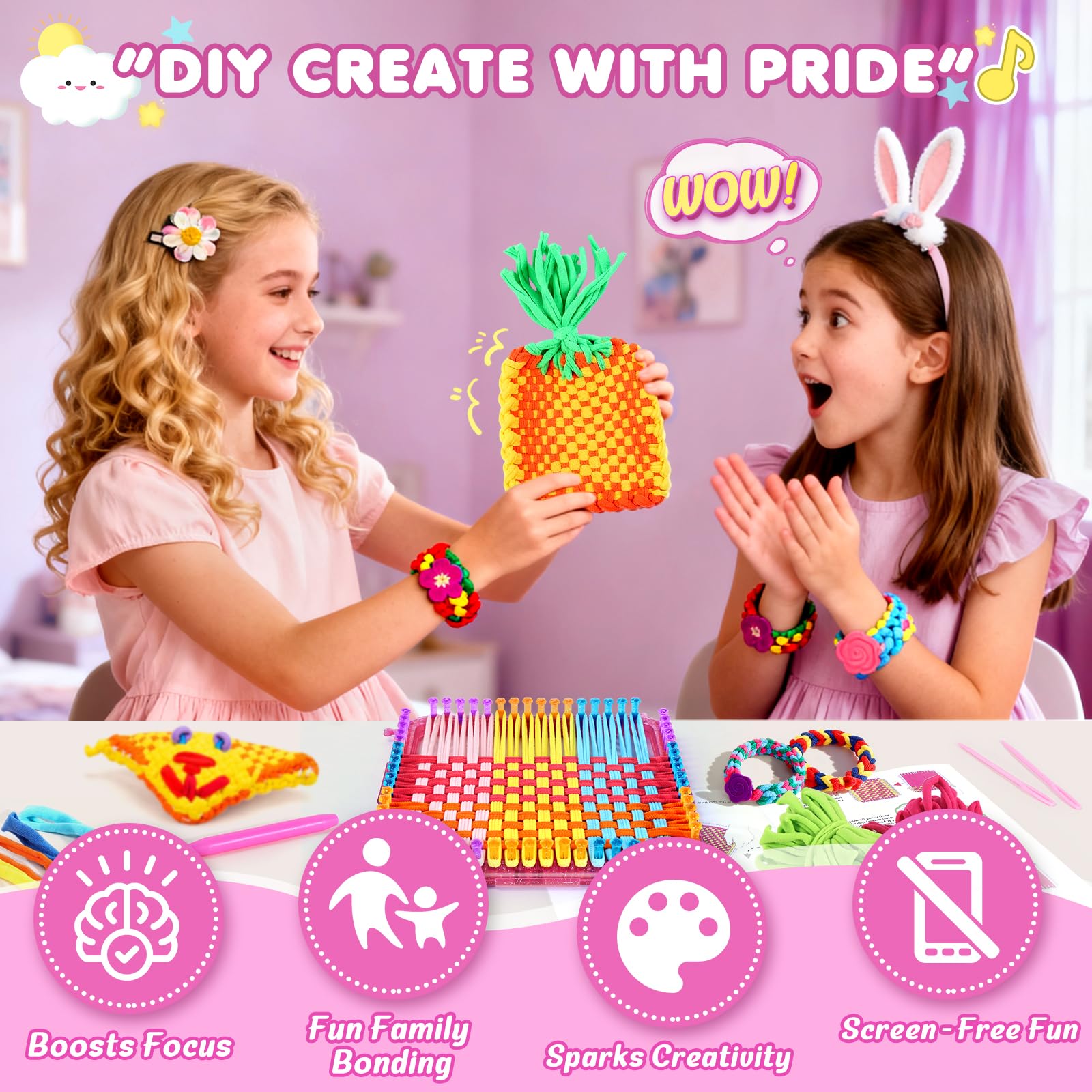 Kit de Métier à Tisser Jouets, 360 Boucles pour Dessous de Plat, Loisirs Créatifs DIY pour Adultes et Enfants de 6 à 13 Ans, Coffret Tisseur Portable - Cadeau de Noël et d'Anniversaire pour Filles