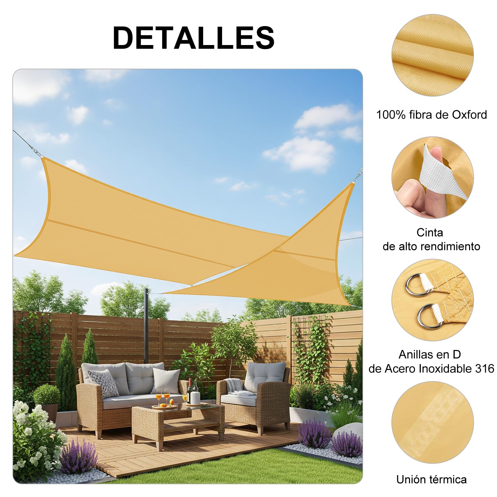 COOL AREA Toldo Vela de Sombra Impermeable Rectángulo 2x3m UV Block Resistente a la Intemperie para Patio Jardín Patio Exterior,Arena — view 3