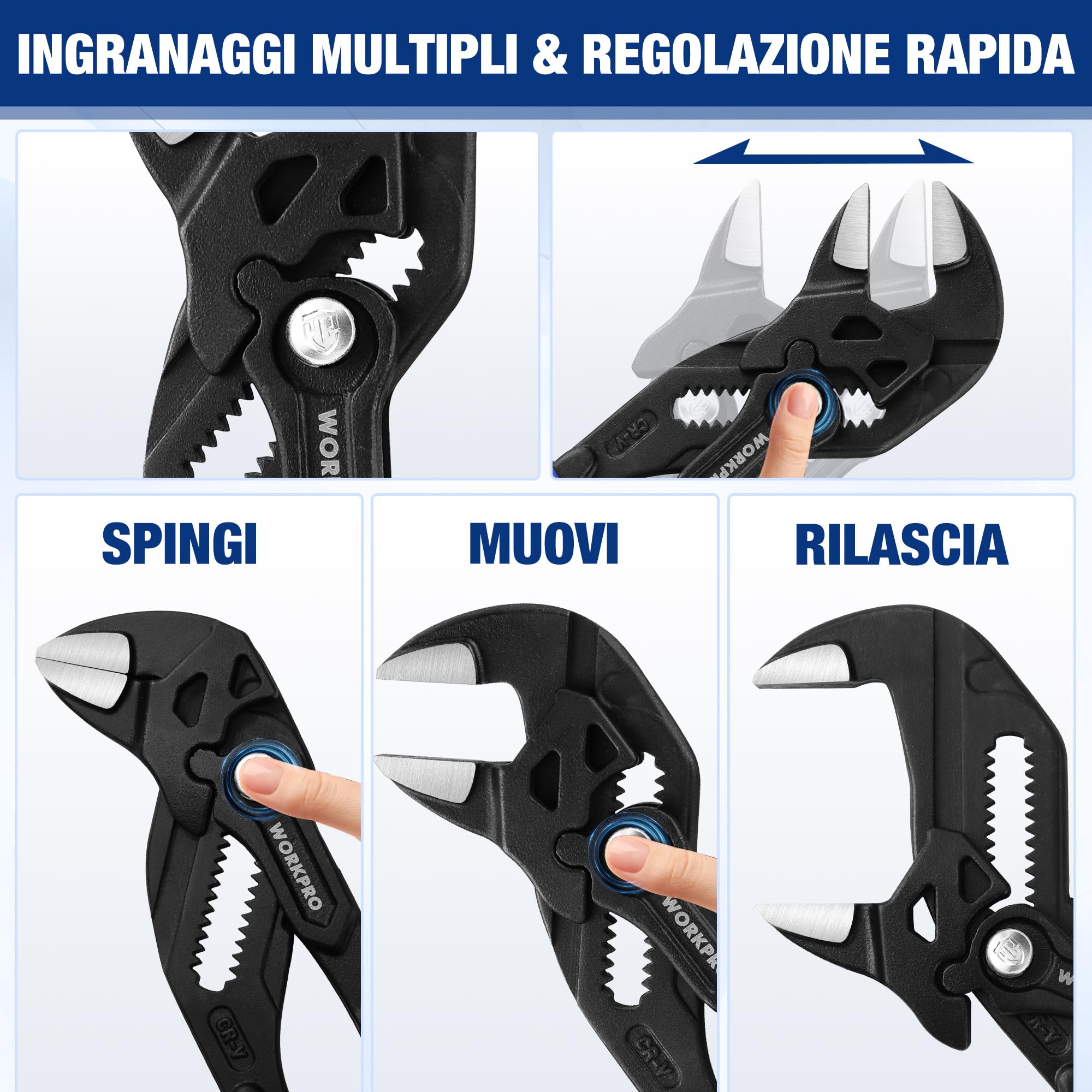 WORKPRO Pinza Chiave a 2 Pezzi, 180 mm/255 mm, Set di Pinze Cr-V, Chiave Regolabile, Pinza con Ganascia Autoregolante, Apertura Massima della Ganascia 40 mm/50 mm