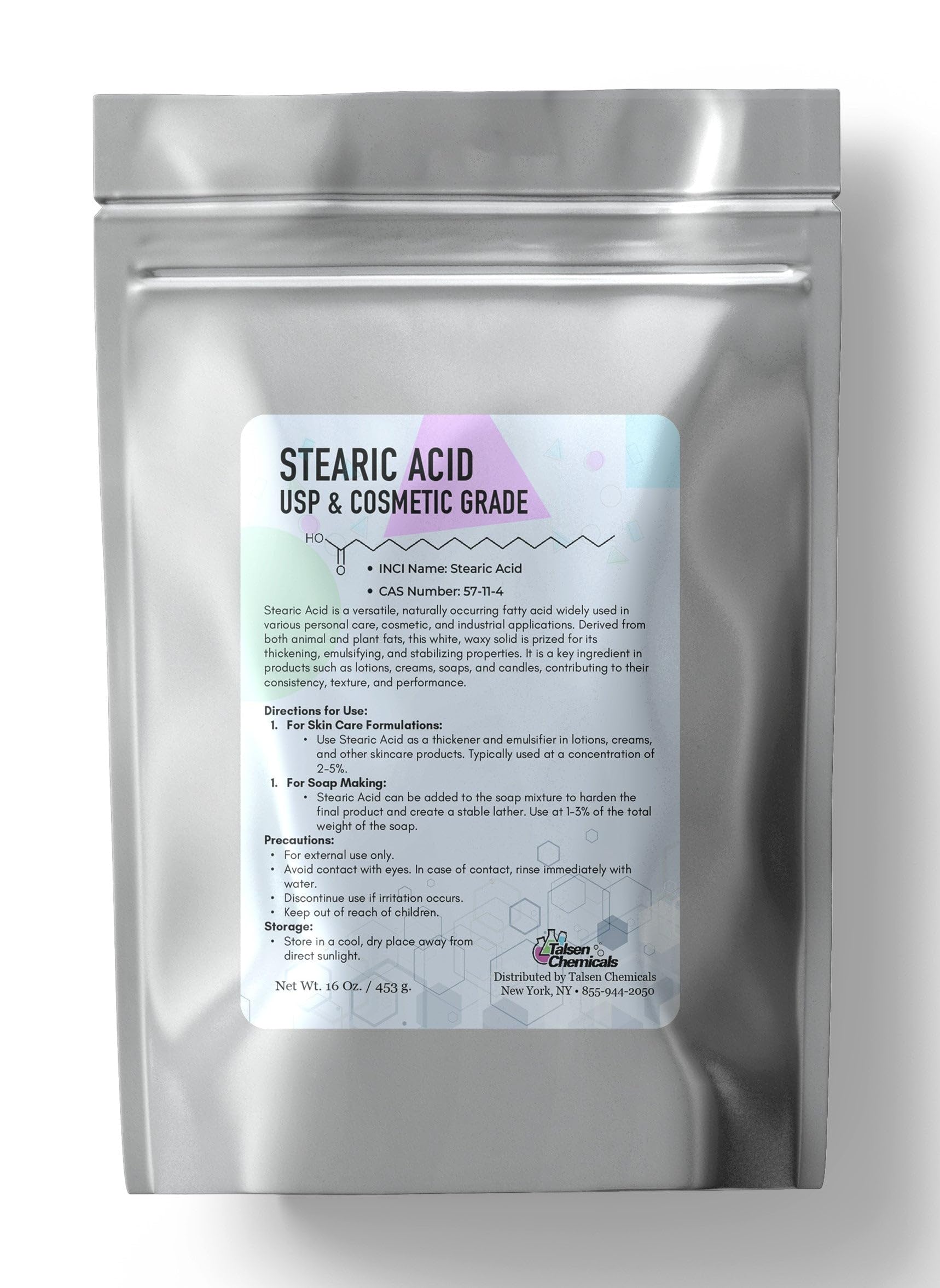 Stearic Acid Powder Cosmetic Grade - Organic Versatile Emulsifier and Thickener for Lotions Making, Creams, and Soaps, Perfect for DIY Skincare, Candle Making by Talsen Chemicals (4 Ounces)