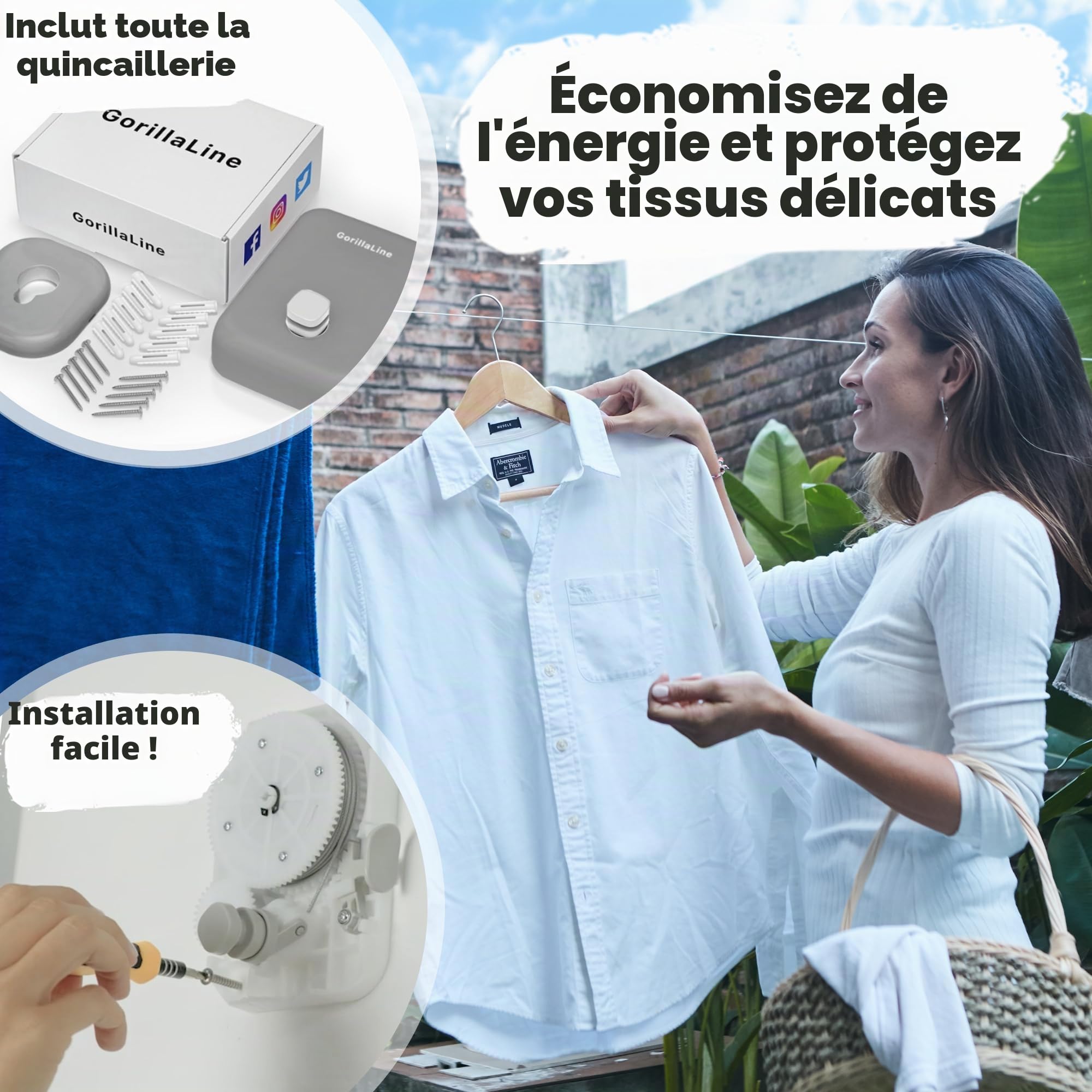 GORILLALINE - Corde à Linge rétractable pour intérieur et extérieur | Corde à Linge Robuste | Fixation Murale | Étendoir à Linge rétractable | Verrouillage pour éviter l'affaissement