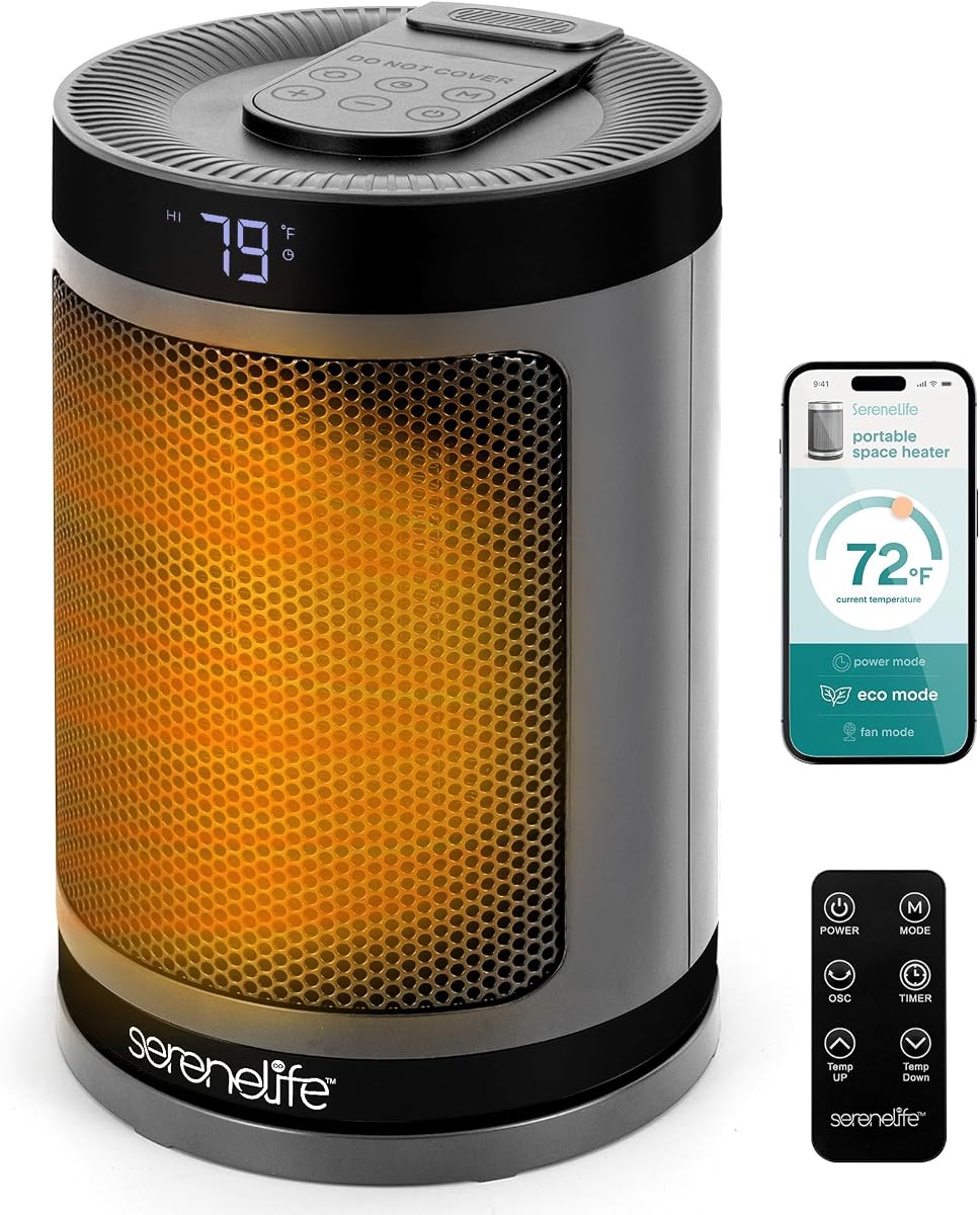 Smart Space Heater – 1500W Indoor Electric Heater with Thermostat, Remote Control, 12-Hour Timer, Wi-Fi Enabled PTC Ceramic Heating for Home and Office, Gray (5.9" x 5.9" x 9.5")