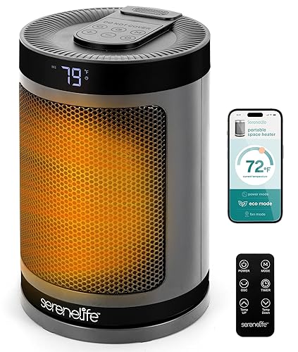 SereneLife Smart Space Heater - 1500W Indoor Electric Heater with Thermostat, Remote Control, 12-Hour Timer, Wi-Fi Enabled PTC Ceramic Heating for Home and Office, Gray (5.9" x 5.9" x 9.5")