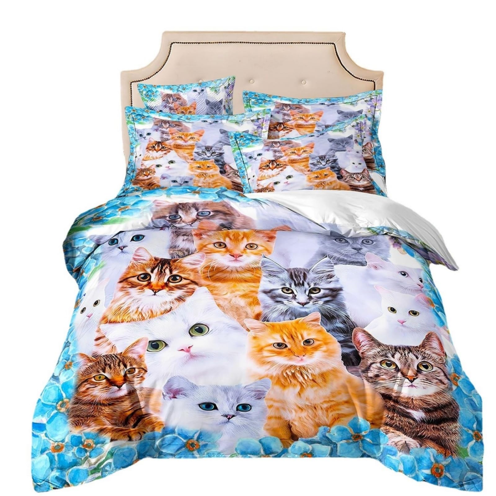 Double Duvet Set Orange Cat Blue Bedding Double Bed Set