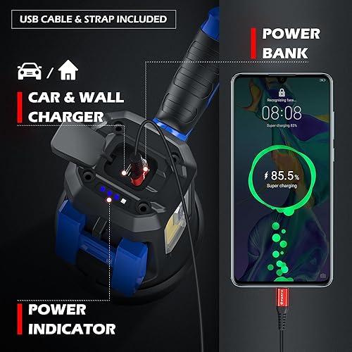 Miniatura 6 de FORTO Linterna recargable con 200000 lúmenes, foco de mano con soporte plegable, 6 modos de luz IPX7 impermeable al aire libre para navegación,