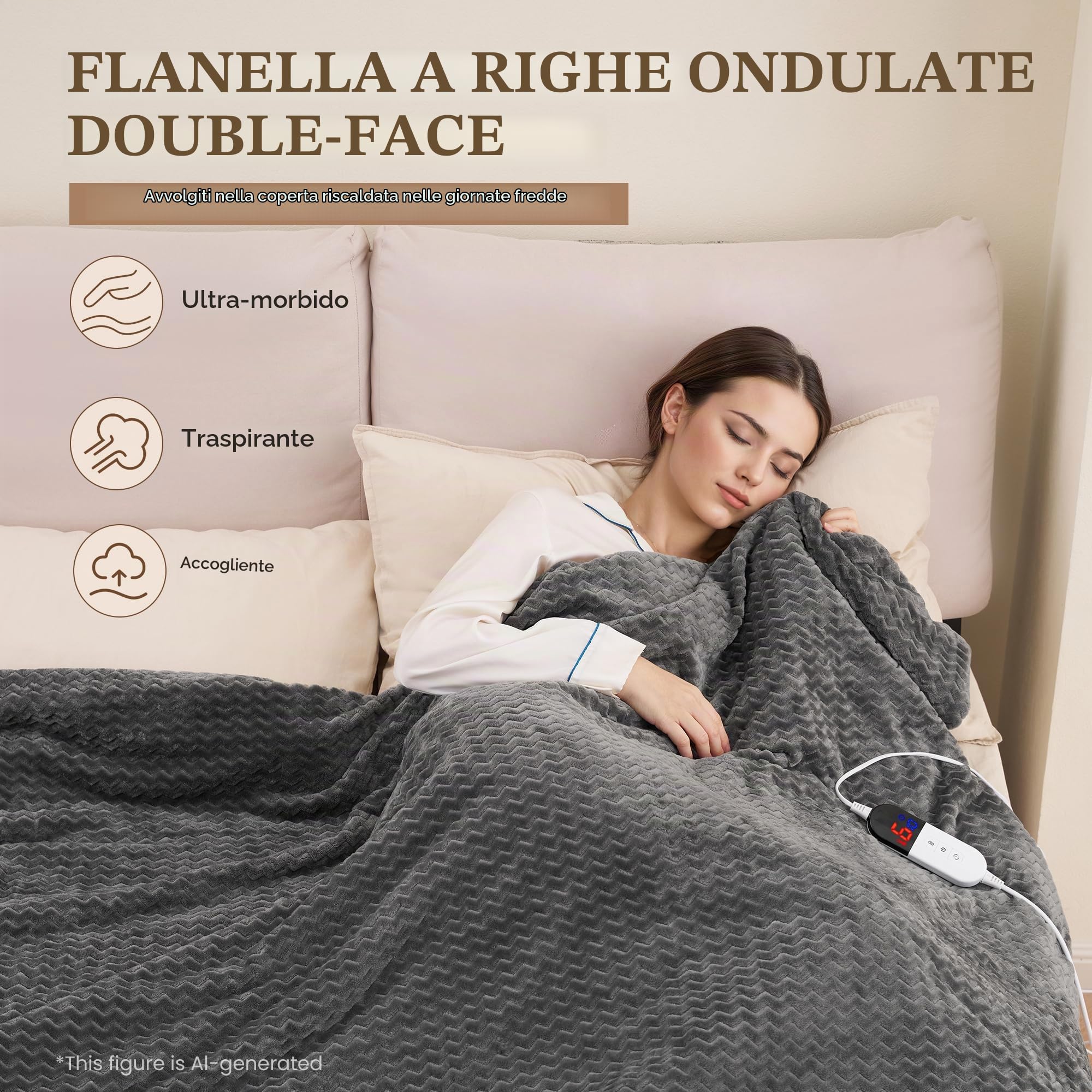 Coperta Elettrica 130x180cm, Grande Coperta Riscaldante con Motivo Onde e 6 Livelli di Calore, Spegnimento Automatico 1-10H, Lavabile in Lavatrice per Divano Letto e Ufficio (Grigio)