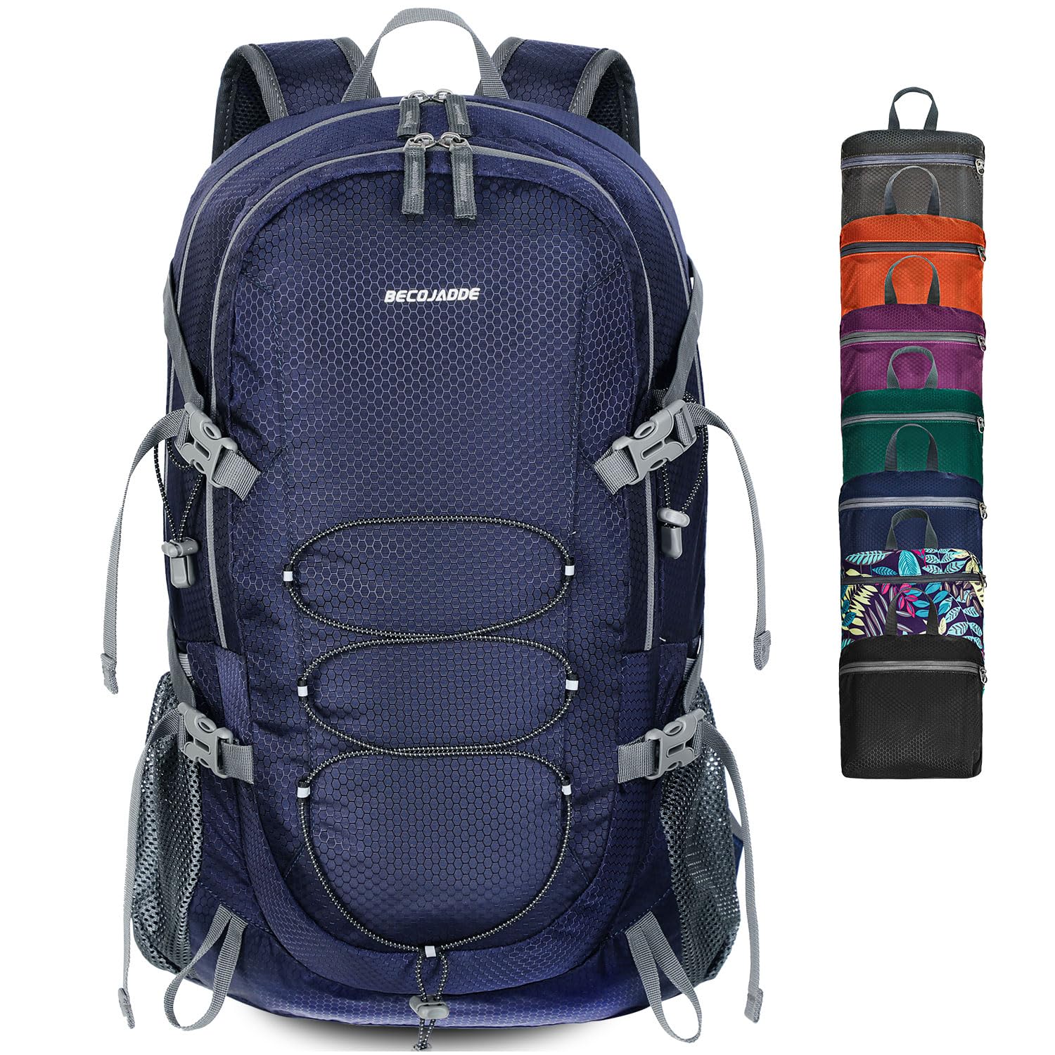 BECOJADDE Wanderrucksack Herren Damen 40L Ultraleichter Faltbarer Rucksack Wasserdichter Reiserucksack Trekkingrucksack mit Nassfach für Wandern, Reisen, Radfahren und Klettern, Marineblau