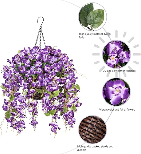 Miniatura 3 de Plantas artificiales falsas colgantes de flores de hibisco en cestas para decoración al aire libre, hibisco de seda artificial en enredaderas largas