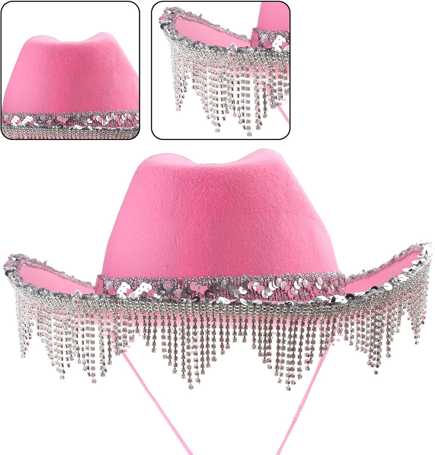 Rhinestones Cowgirl Hats Glitter Cow Girl Hat with Sequins Rhinestones Fringe Adult Size Hat for Party 3 Color