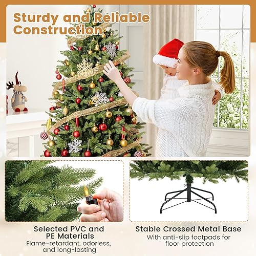 Miniatura 5 de Goplus Árbol de Navidad artificial preiluminado de 6 pies, árbol completo de Navidad con bisagras con 350 luces LED blancas cálidas y multicolor, 11