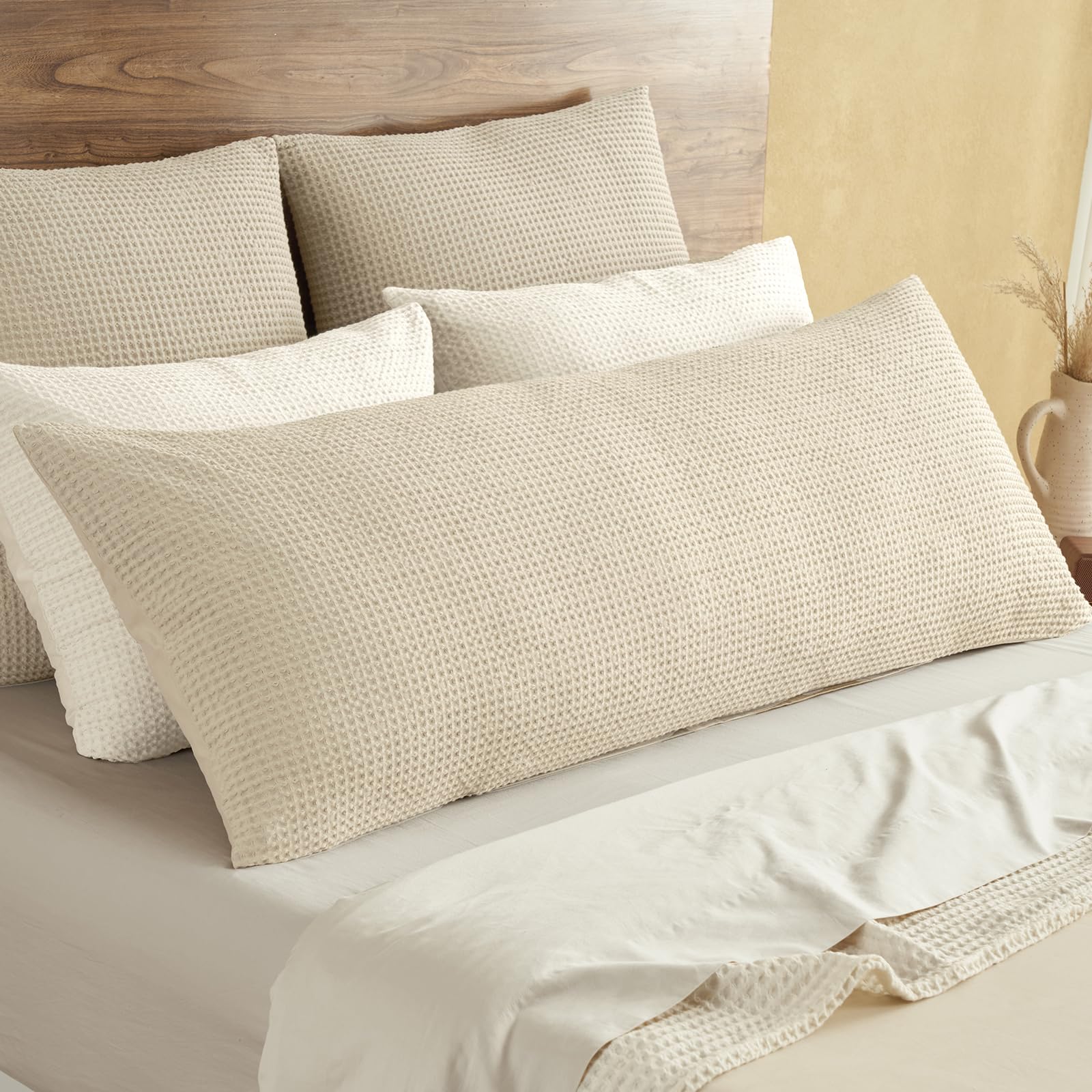 phf 100% cotton waffle body pillowcase with zipper, 1 pack 20" x 54" soft skin-friendly and breathable pillow sham, no filling, aesthetic woven waffle weave body pillow cover for bed, linen