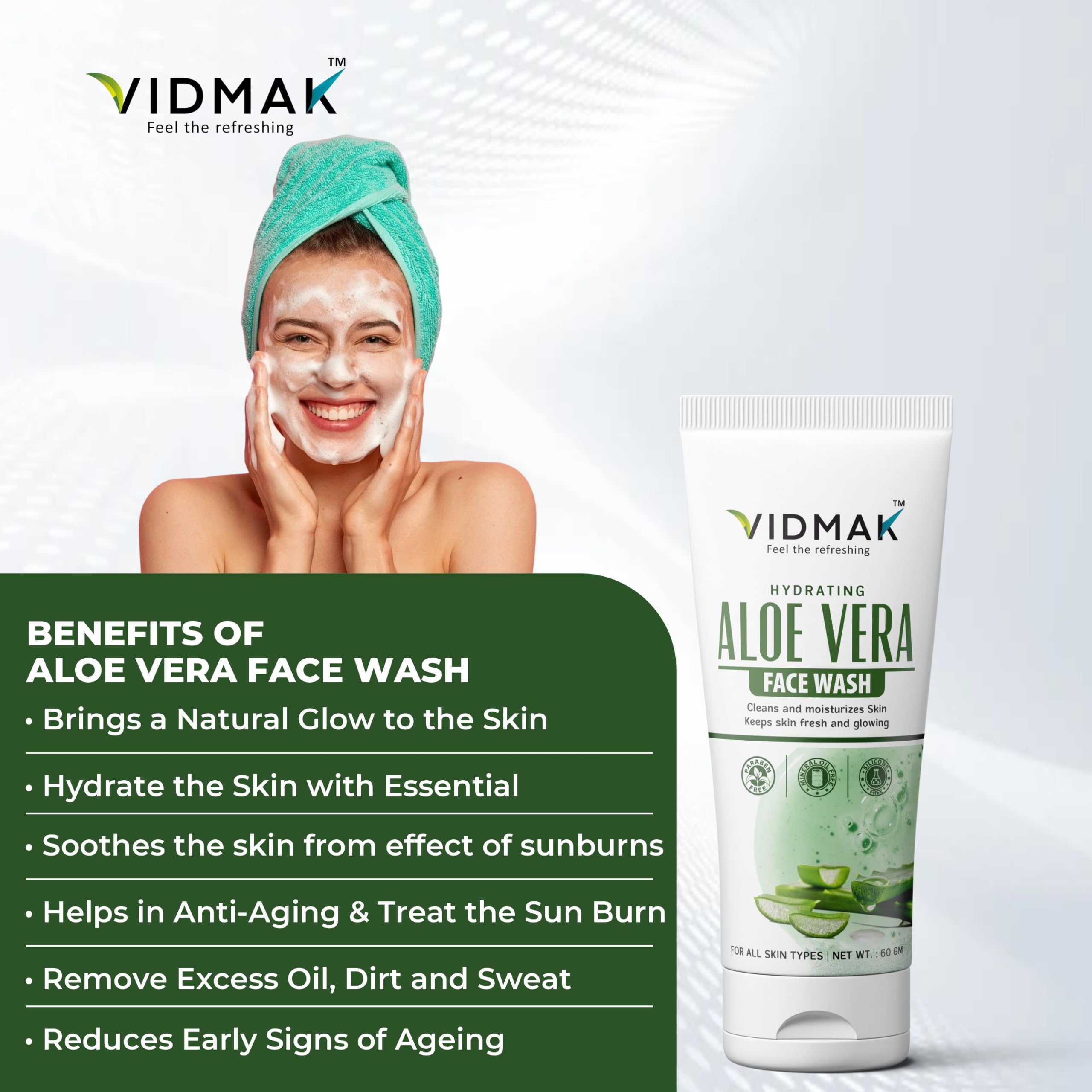 VIDMAK Aloe Vera Face Wash | Hydrating & Refreshing Cleanser for All Skin Types | Deep Cleans, Moisturizes & Glows | Gentle Herbal Formula | 60g 4