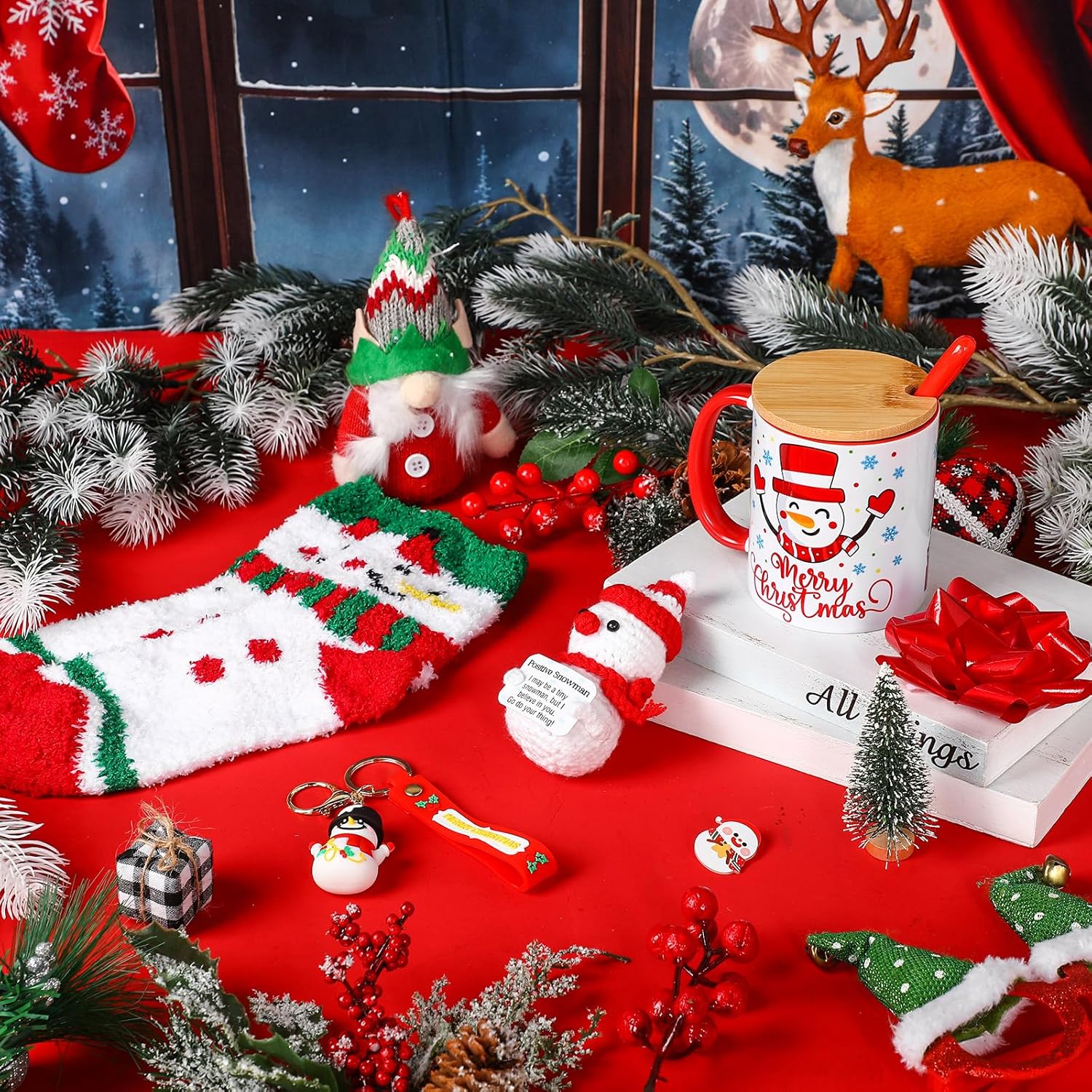6 Pcs Christmas Mug Gift Set 13.5 oz Snowman Christmas Coffee Mug with Lid Fuzzy Socks Red Spoons Crochet Doll Keychains Acrylic Badge for Women Men White Elephant Birthday Xmas Gifts - Image 2