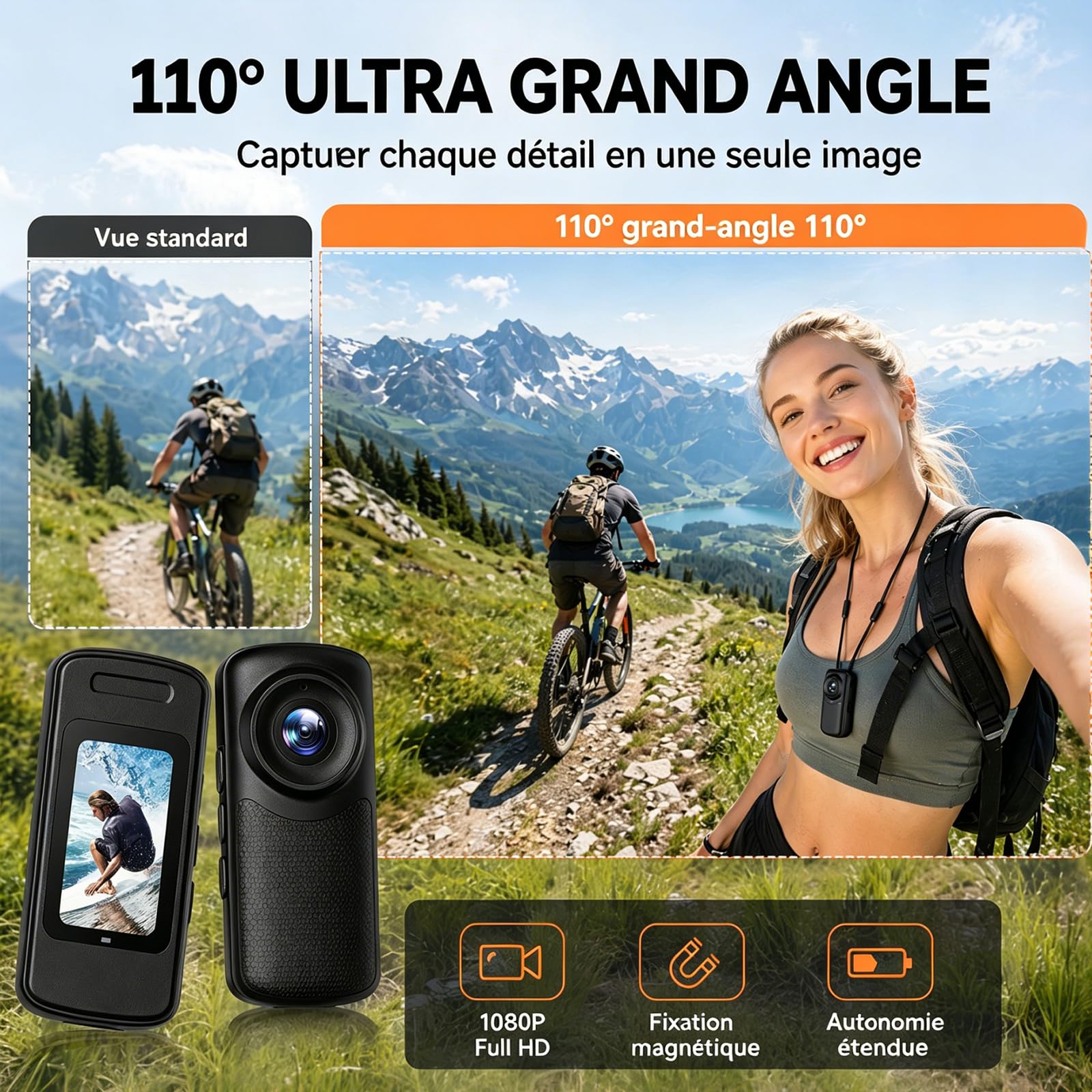 Caméra d'action magnétique portable 1080p HD avec objectif grand angle de 110 degrés et batterie de 1000 mAh pour promenades avec animaux de compagnie, travail, voyage, enregistrement en plein