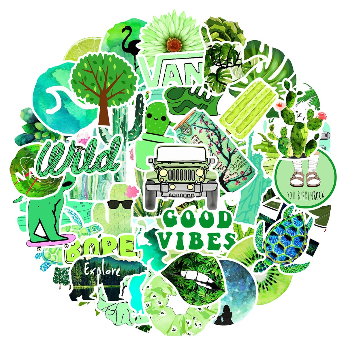 MARSFORCE Vsco Summer Green Stickers, Gift for Kids Teen Adult, Lovely Waterproof Vinyl Decals for Laptop Water Bottles Skateboard Bike Car Helmet Travel Luggage Guitar Toy Phones Party [50PCS]