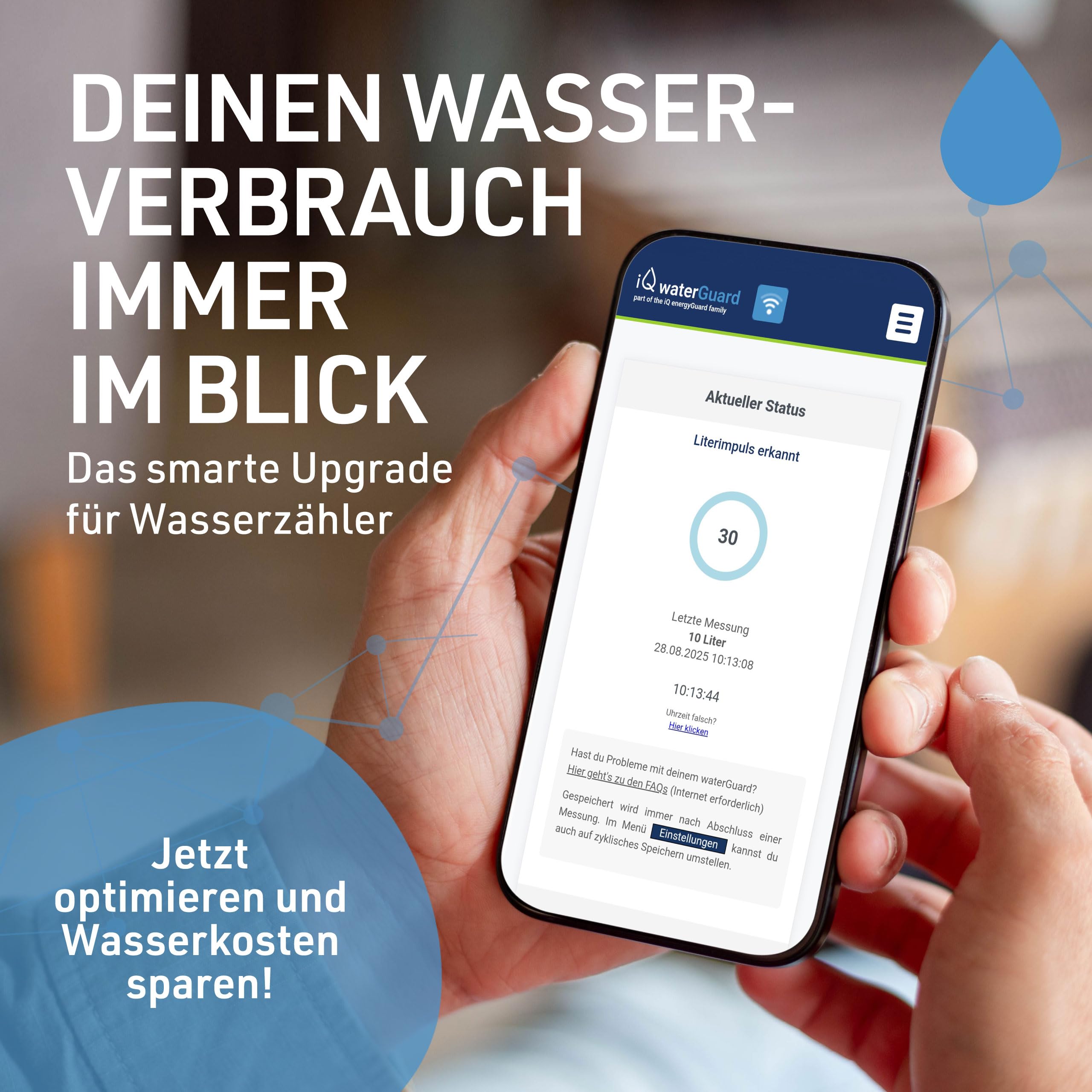 iQ waterGuard - Smarter Wassermelder mit Wasseralarm-Funktion 92dB & WLAN - Water Guard Wasserwächter für Smartphone - WiFi Wasserverbrauchs-Zähler, Überwachung von Wasserverbrauch & bei Wasserschaden