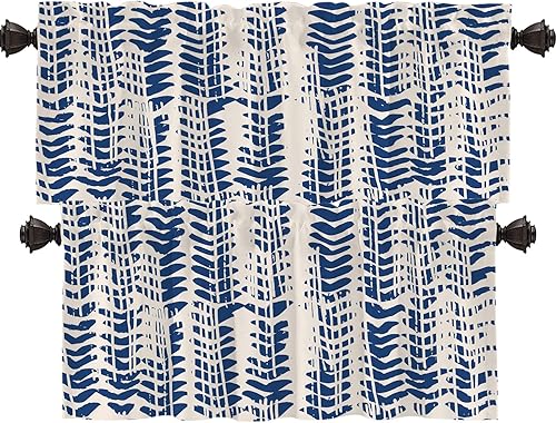 Shrahala Cenefas japonesas de cocina folclórica, textura de hojas de batik de índigo natural japonés, cortina de media ventana, tratamiento de