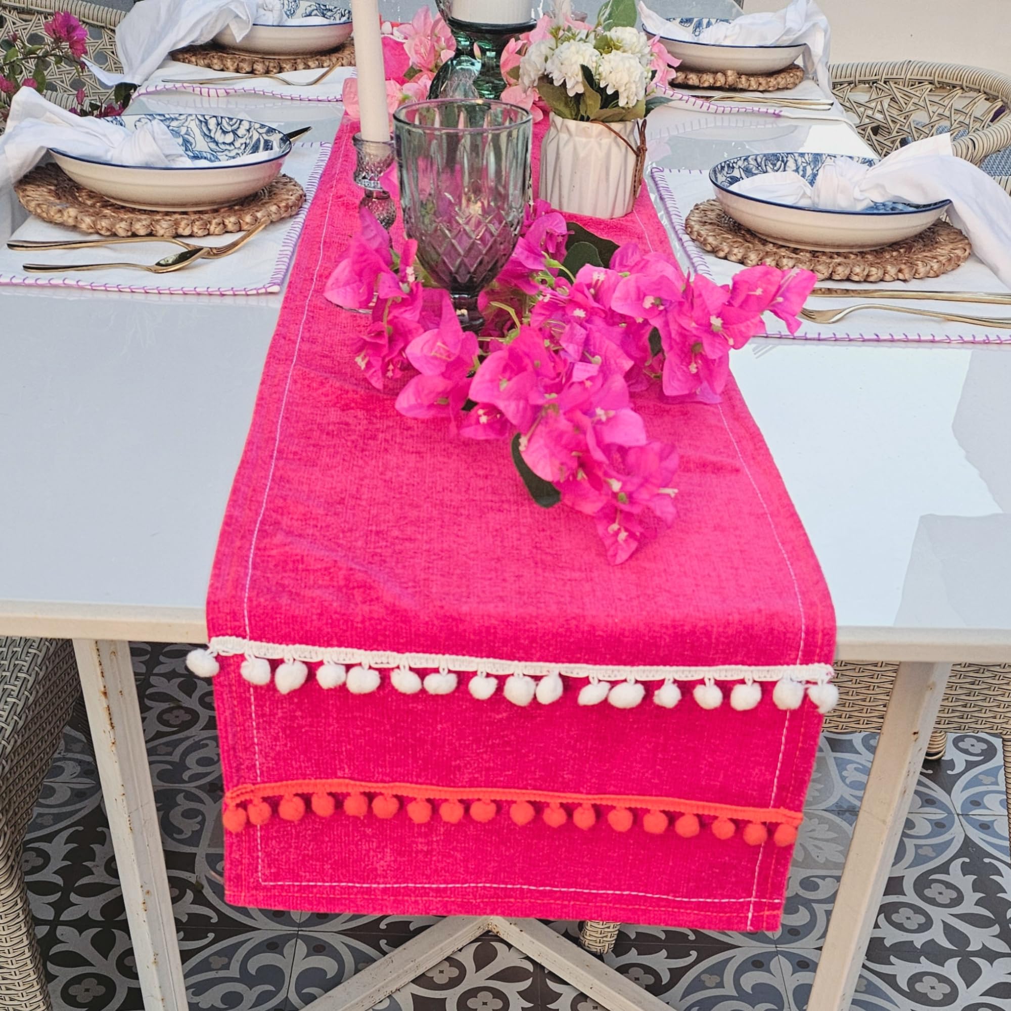 WWW.THROWPILLOW.IN Pink Solid Table Runner with Pom Pom Polyester Fabric for Dining Living Room Bedroom Decor Thick Durable Decorative Runner (12x48 Inches Long, Pink)
