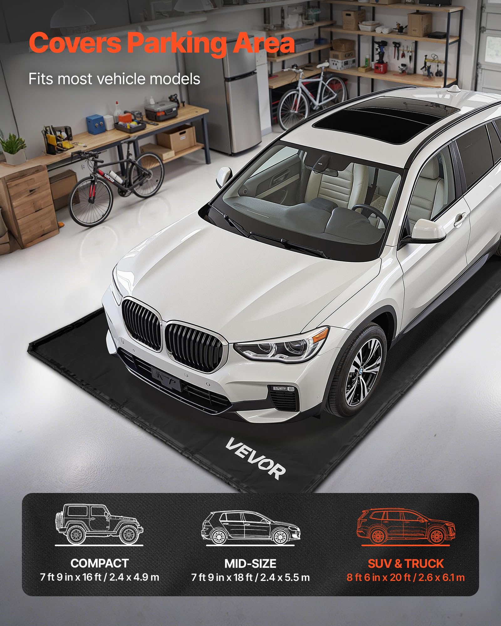 VEVOR Auffangmatte PVC-Garagenbodenmatte rutschfest (2,6 x 6,1 x 0,03 m) mit Abziehbesen, strapazierfähiger & wasserfester Auffangschutz Bodenschutz vor Schnee Regen Schlamm, Garagenmatte Schwarz