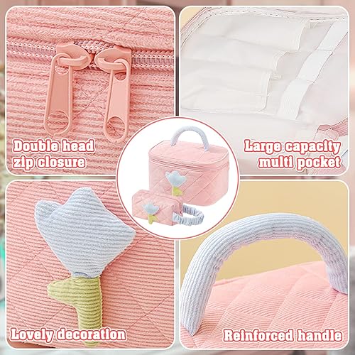 Miniatura 4 de Bolsa de maquillaje de felpa, 2 piezas, bolsa de cosméticos a cuadros, bolsa de maquillaje grande y pequeña para bolso, bolsa de maquillaje linda