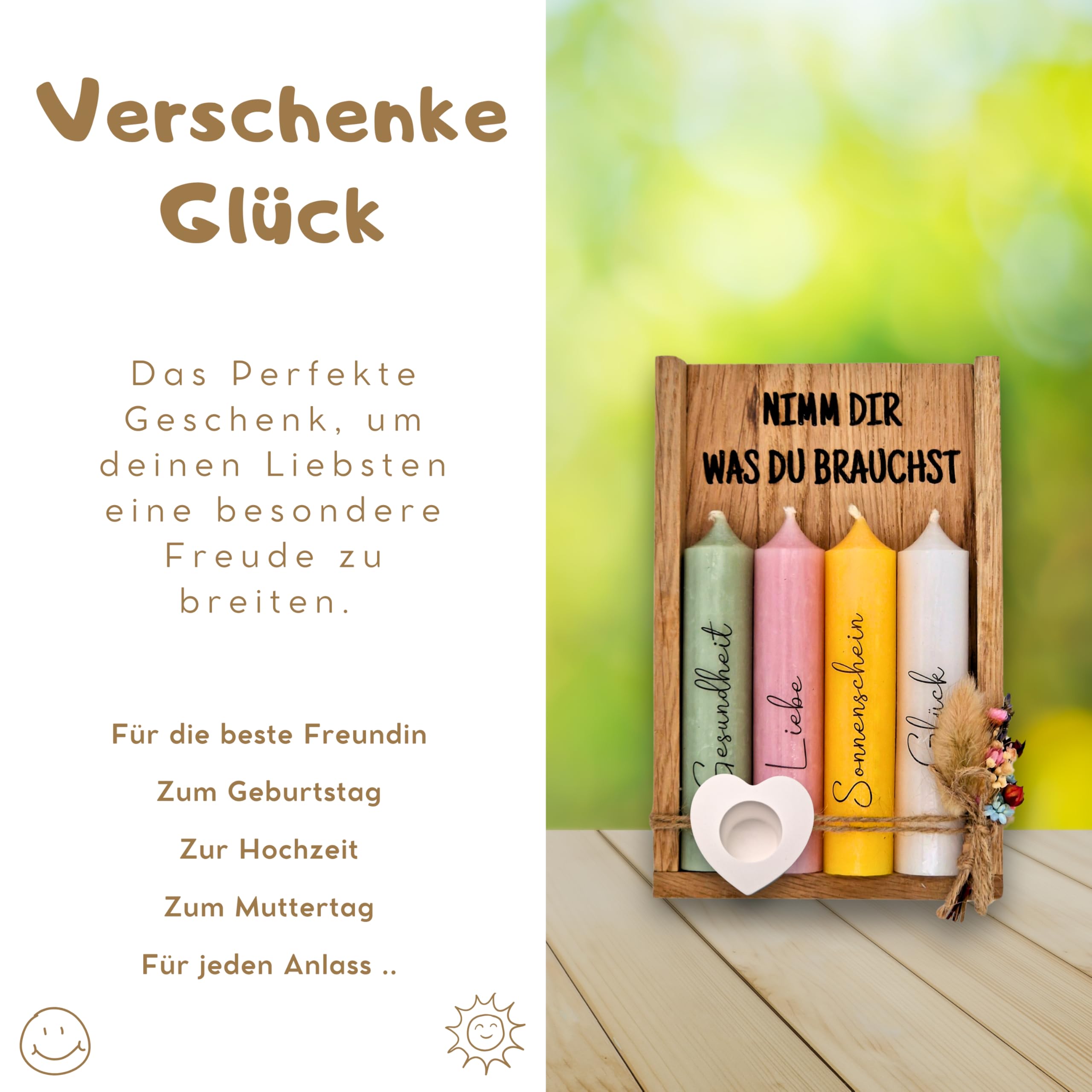 HolmCraft - Nimm dir was du brauchst | Deko Kerzenhalter Set | Handgefertigt | Perfekte Geschenkidee zum - Geburtstag, für Frauen, Freundin & Schwester | Wunscherfüller (rosa, gelb, grün, weiß)