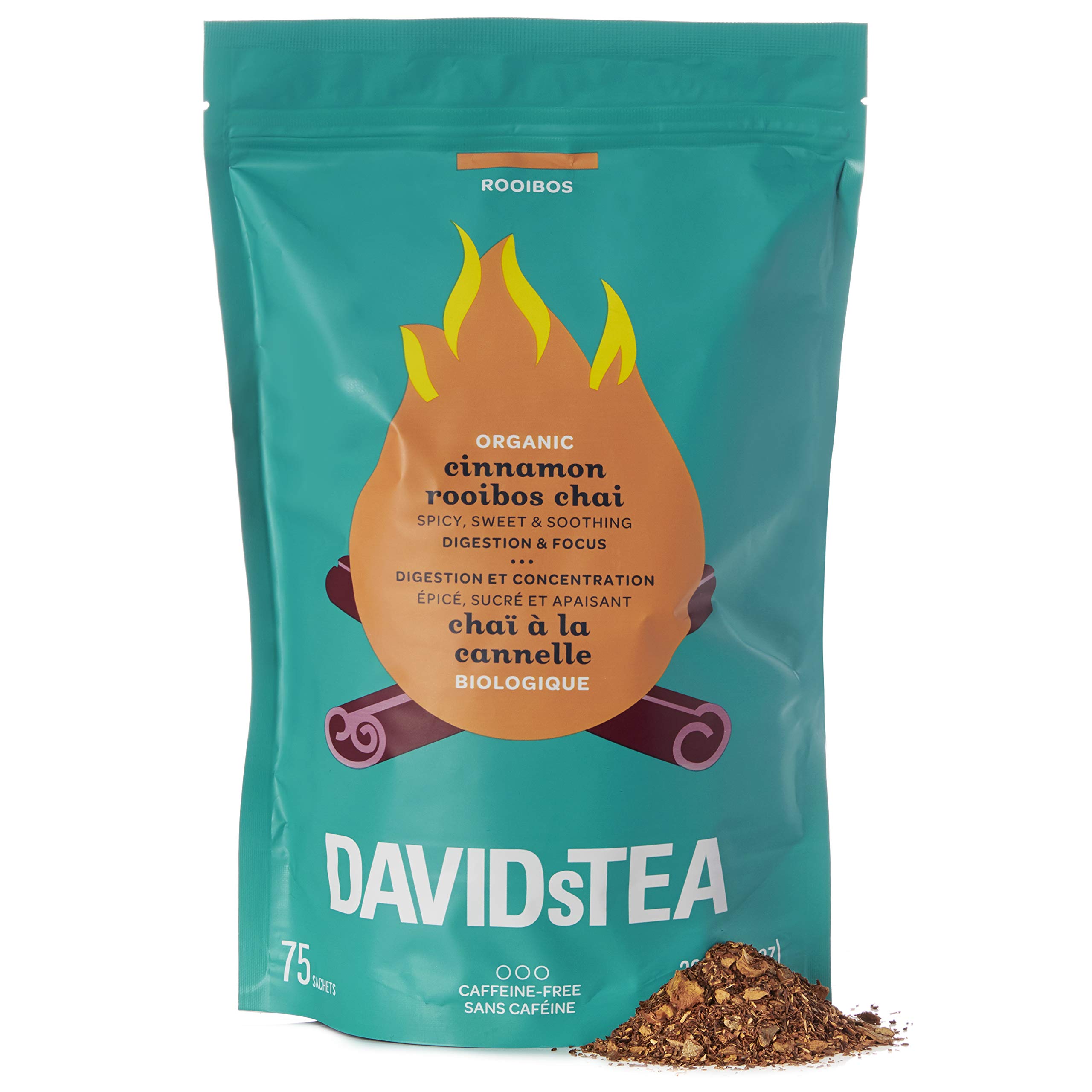 DAVIDsTEA Organic Cinnamon Rooibos Chai Tea Bags, Premium Caffeine-Free Rooibos for Focus and Hydration, 75 Tea Sachets Total