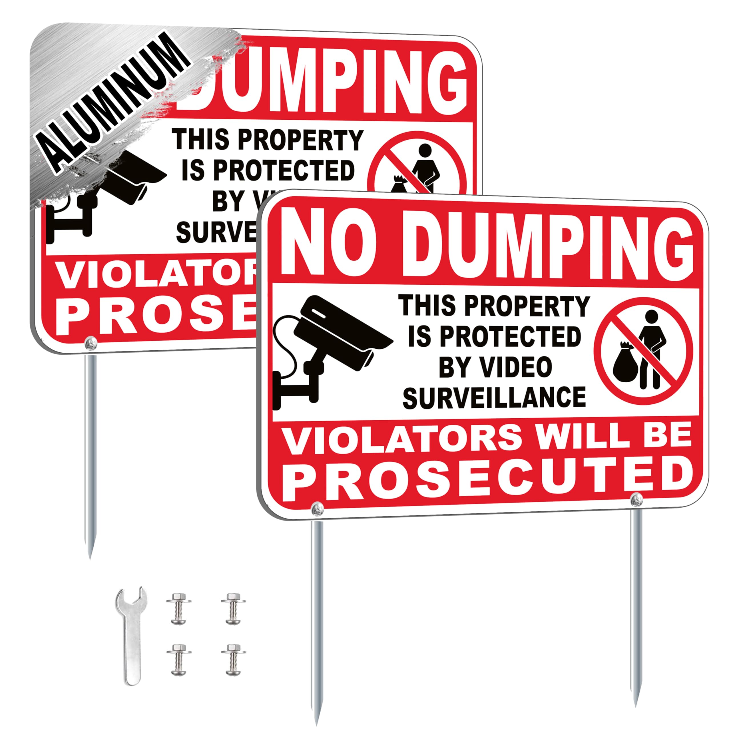 2 Pack Aluminum No Dumping Signs with Stakes, 8x12 Rust-Free Reflective Private Property Sign for Yard or Fence, Weatherproof Outdoor Use