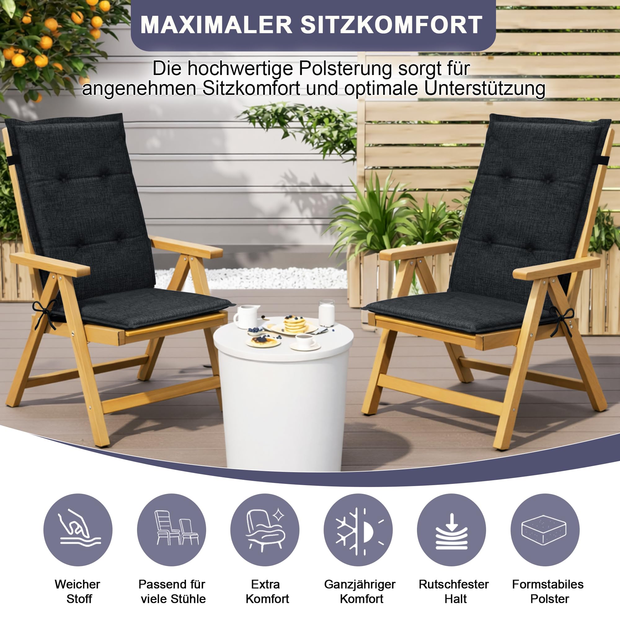 Relexo Premium - Hochlehner Auflage Gartenstuhl Stuhlauflage mit Polster, Outdoor Sitzkissen & Stuhlkissen für Gartenmöbel Auflage wetterfest, Sitzkissen bequem (Anthrazit, 4er Set)
